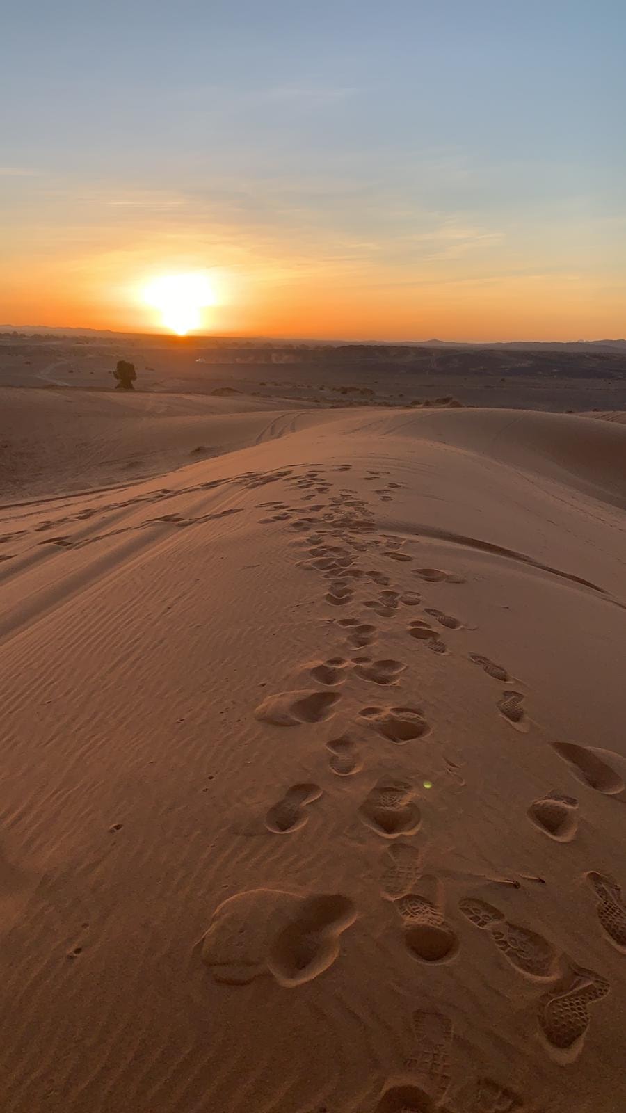 Beautiful view of a trail of footsteps in desert sand at sunset