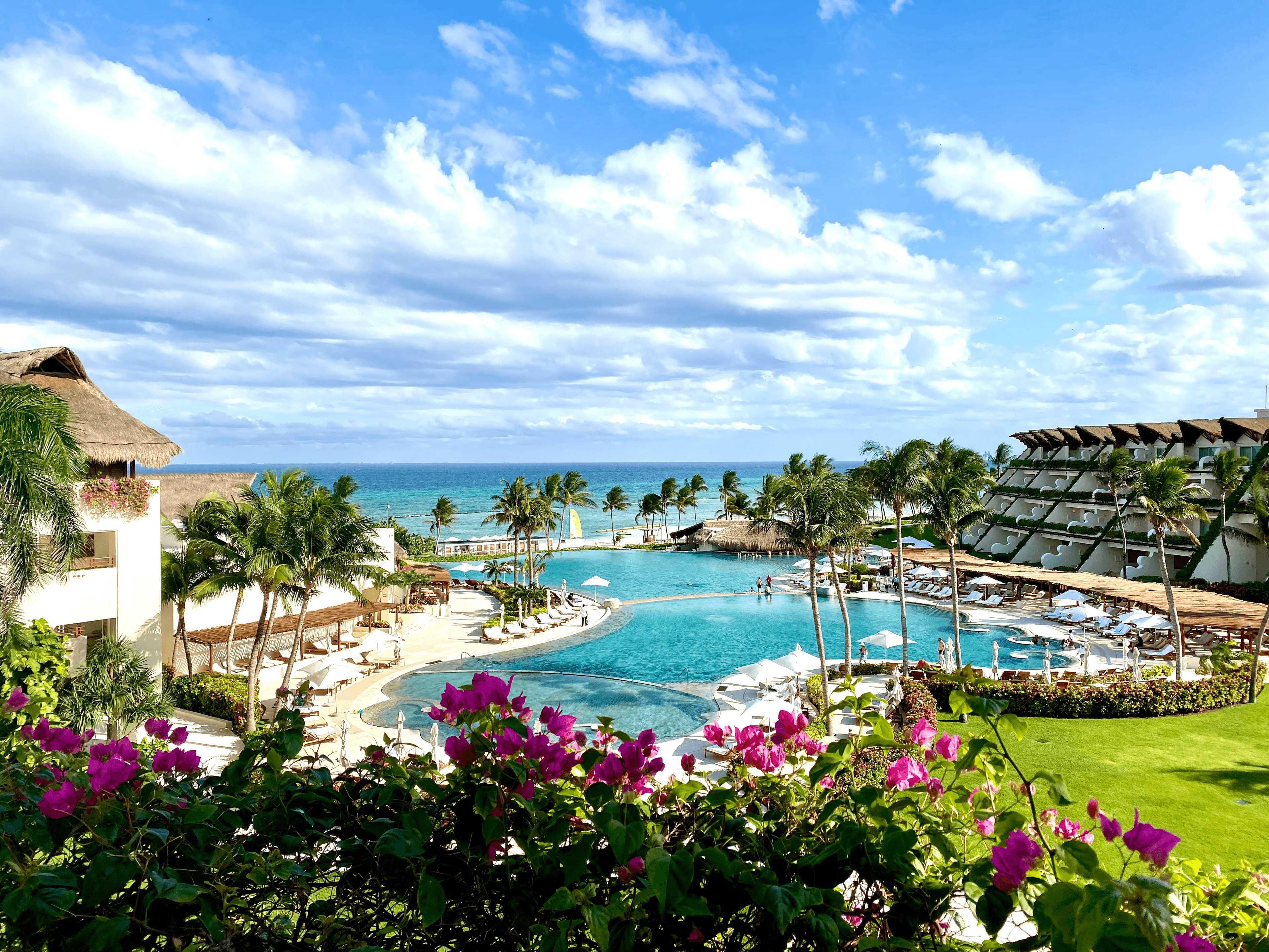 Aerial view of a large resort pool surrounded by lounges and palm trees, the sea visible behind it