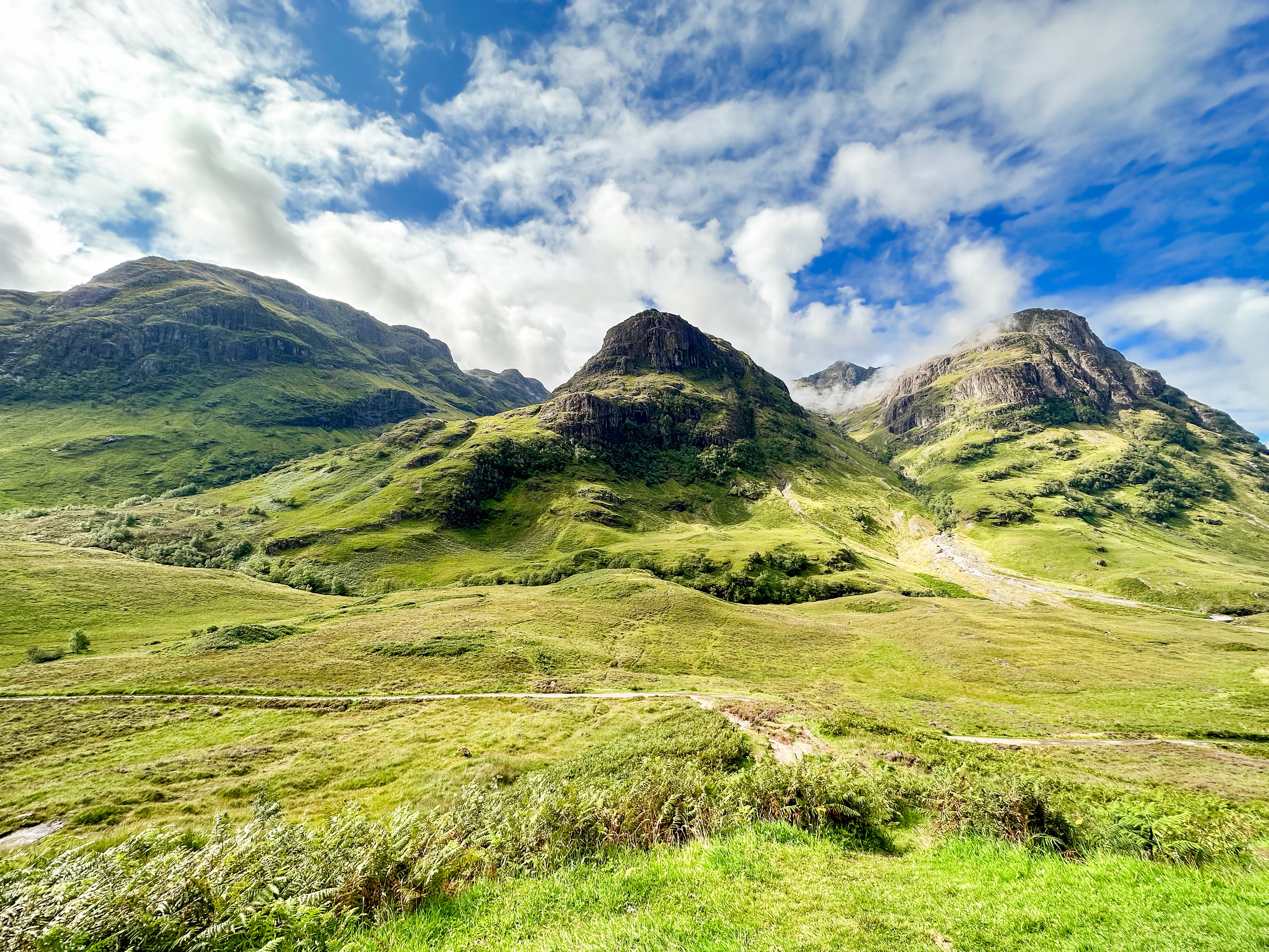 A green meadow and hillside with a bright blue sky and clouds above.