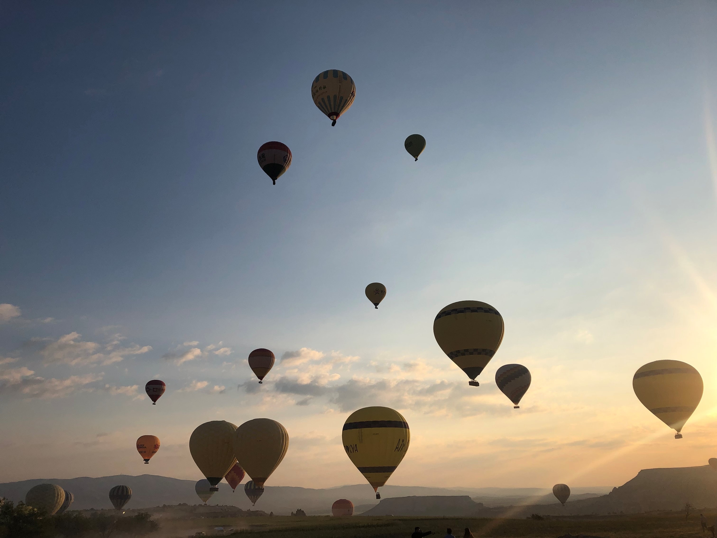 View of several hot air balloons in the sky at sunrise