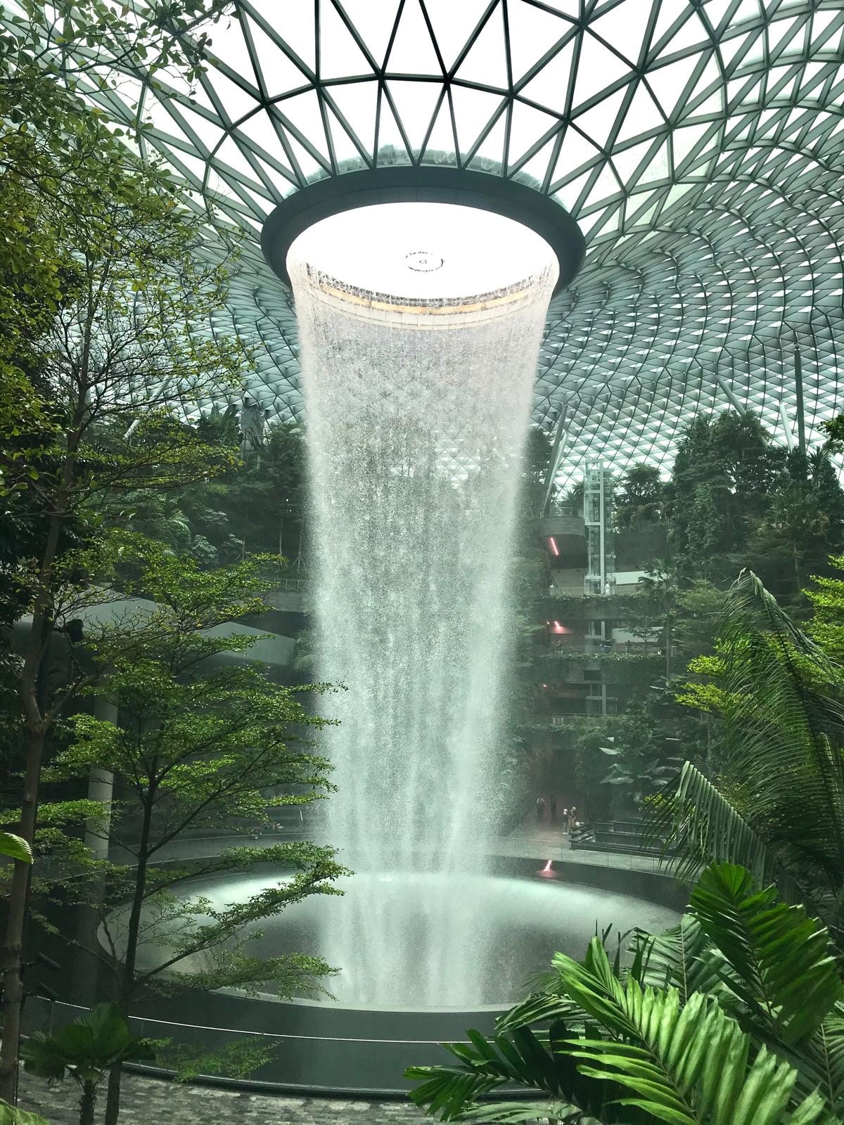 Waterfall over greenery.