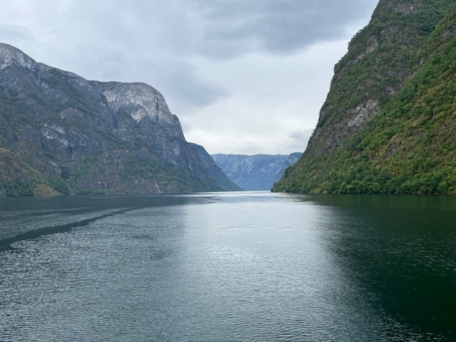 A lake with high mountains surrounding covered in green grass.