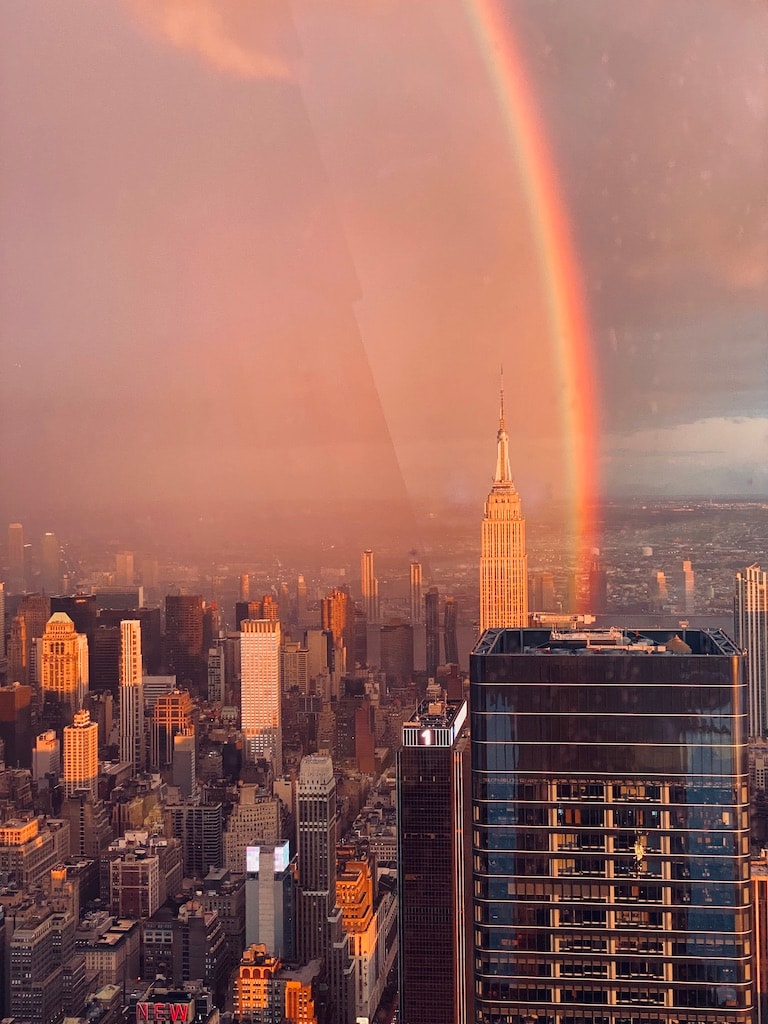 View of a beautiful rainbow over the NYC skyline