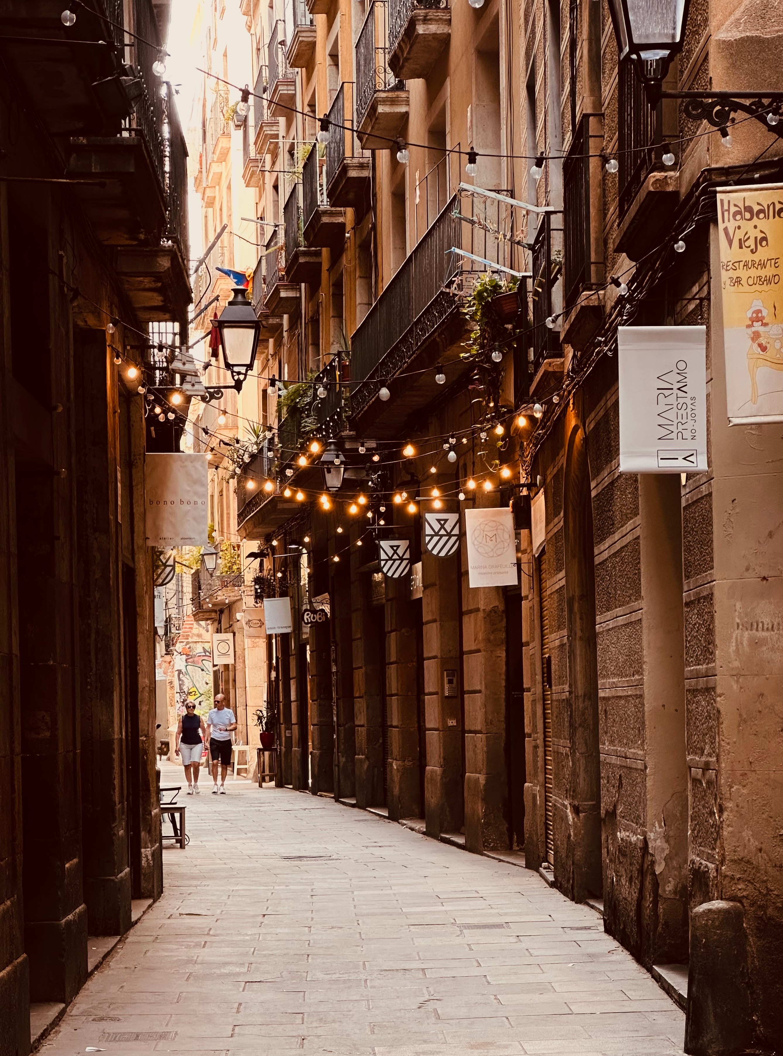 View of a pretty empty street lined with string lights