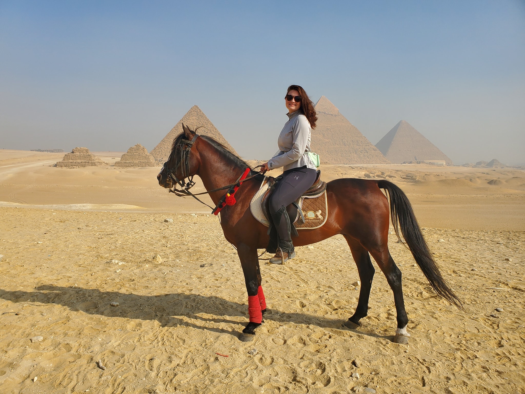 Advisor seen riding a beautiful horse in Egypt, the pyramids of Giza visible behind her