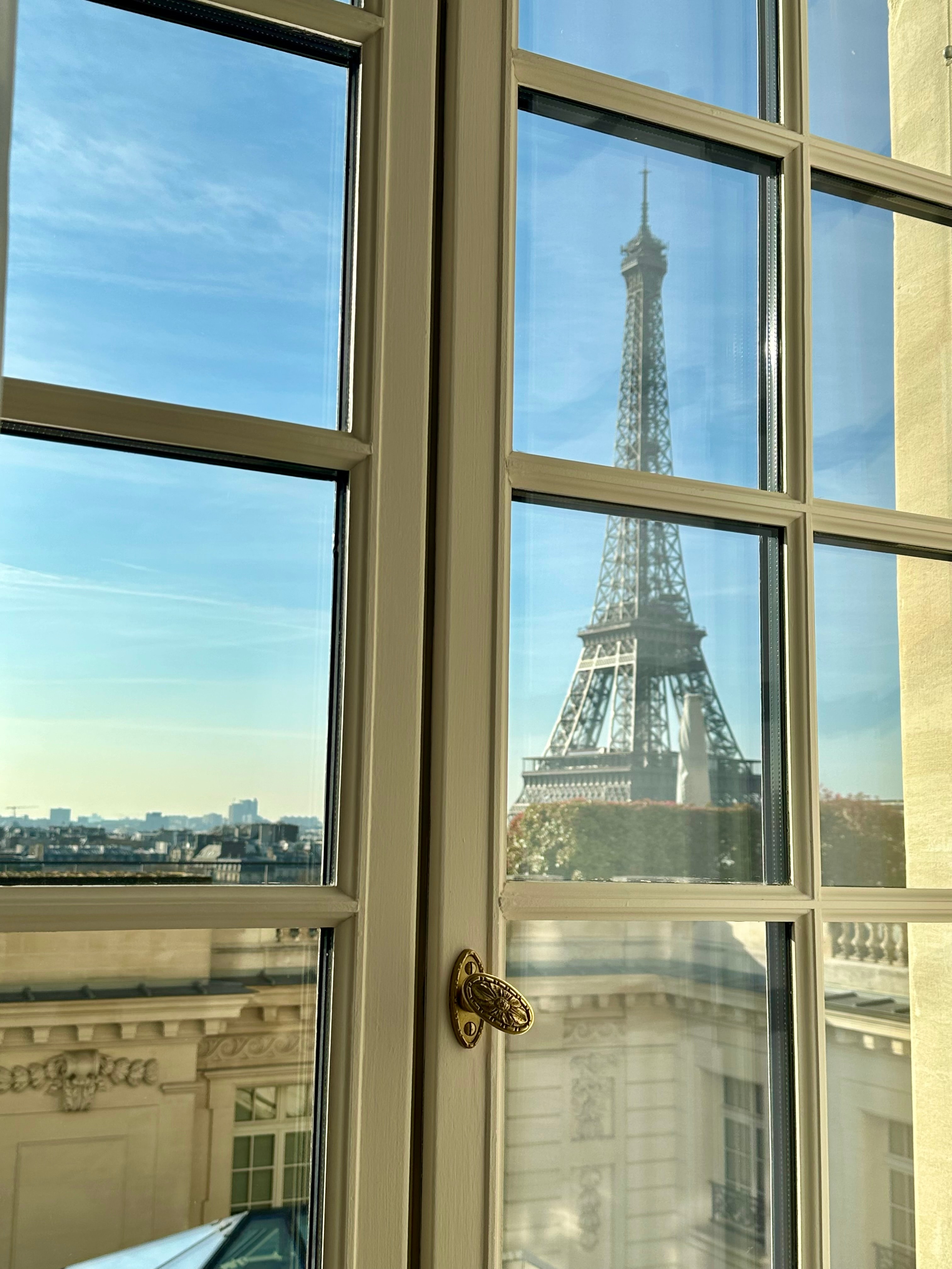 View of the Eiffel Tower from the Shangri-La in Paris on a sunny day