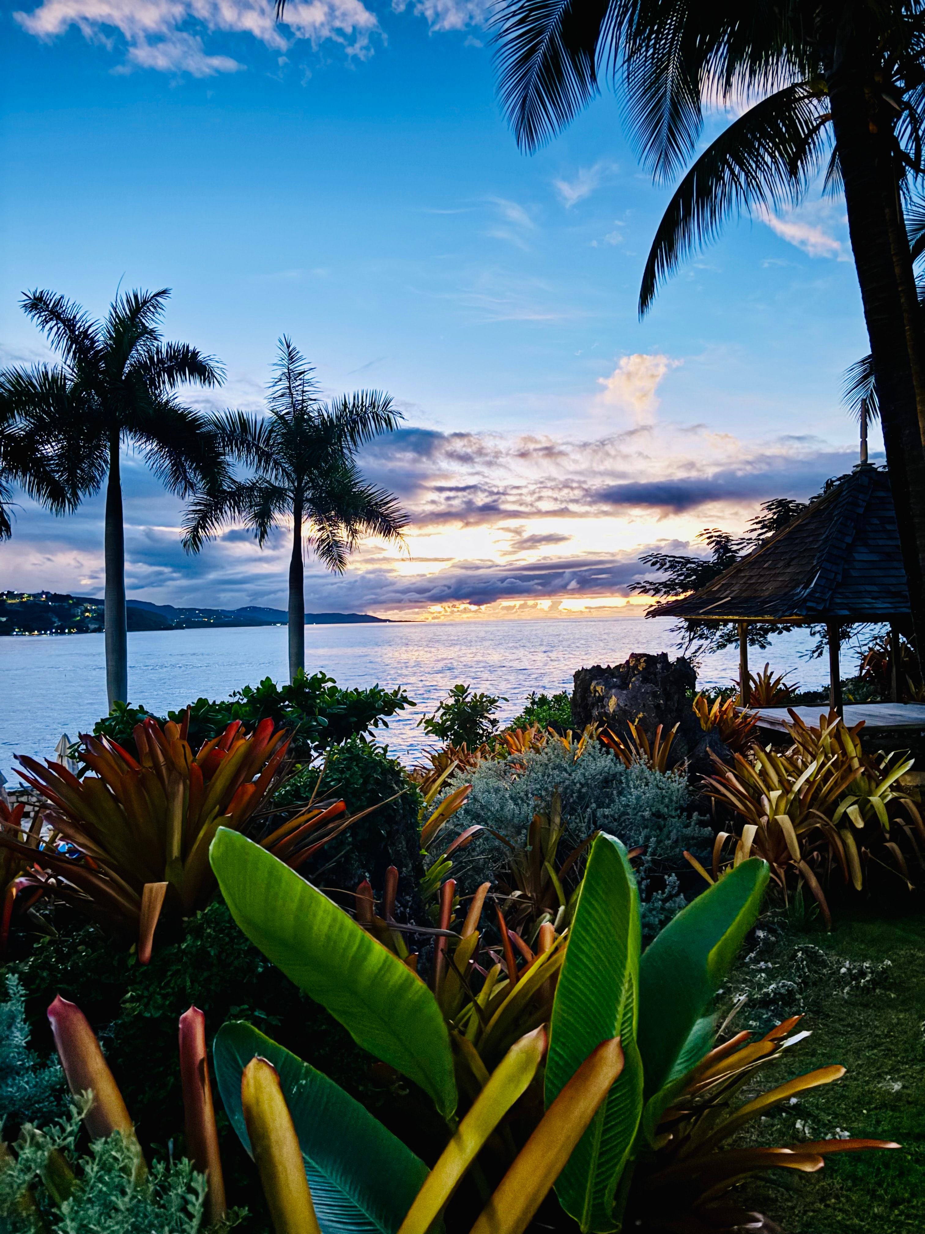 A view of the ocean with foliage in the distance on a sunny day.