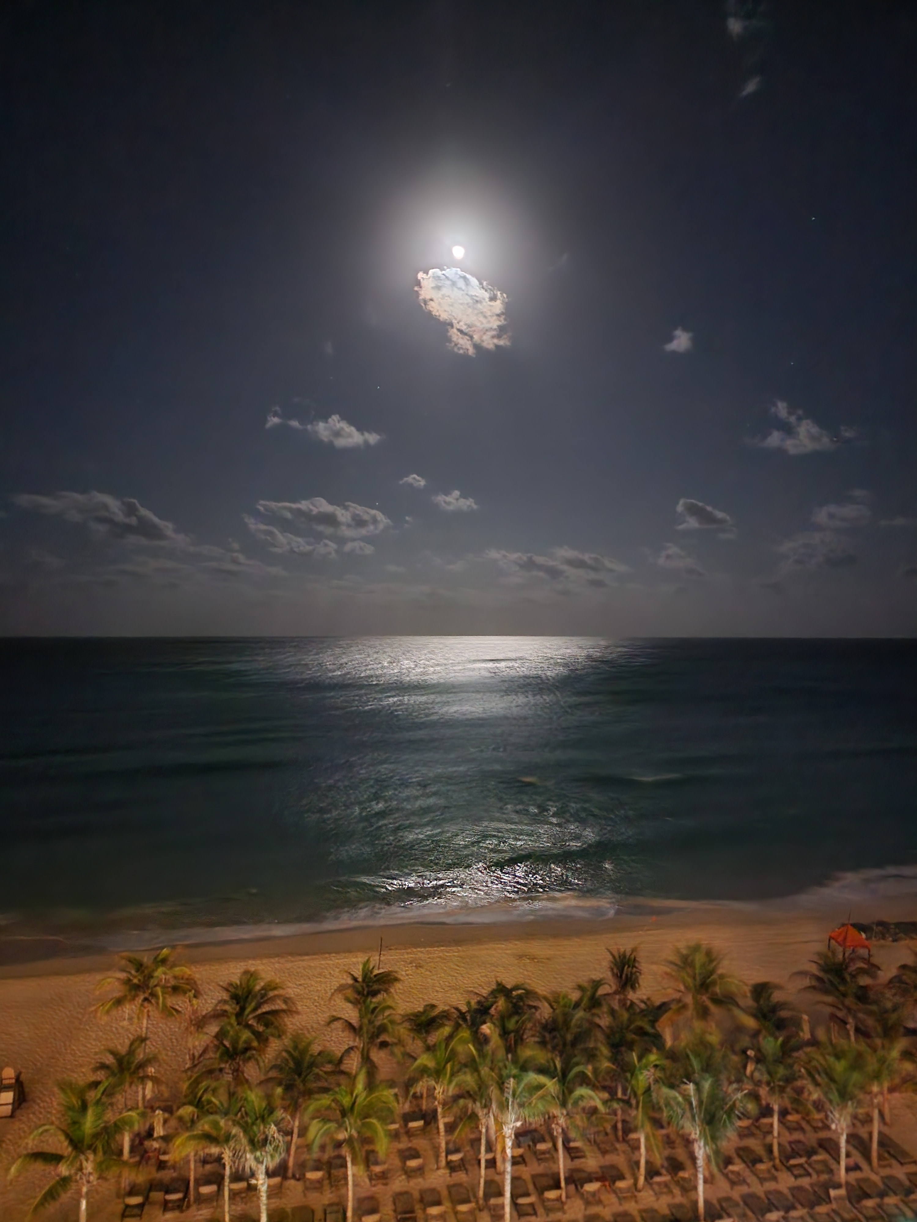 A picture of ocean and the night sky lit up by the moon. 