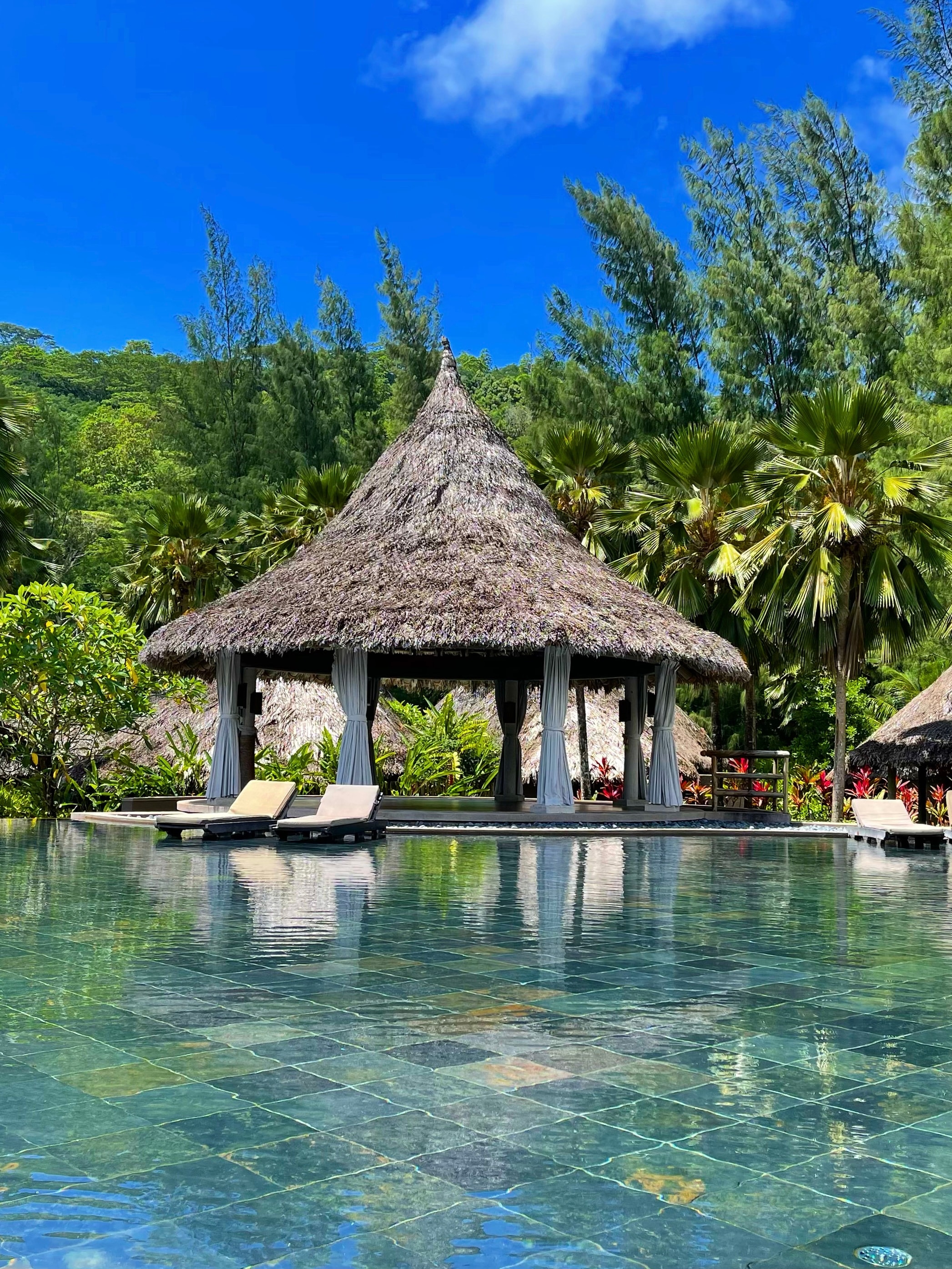 View of hotel pool and lounge chairs in the Seychelles on a sunny day