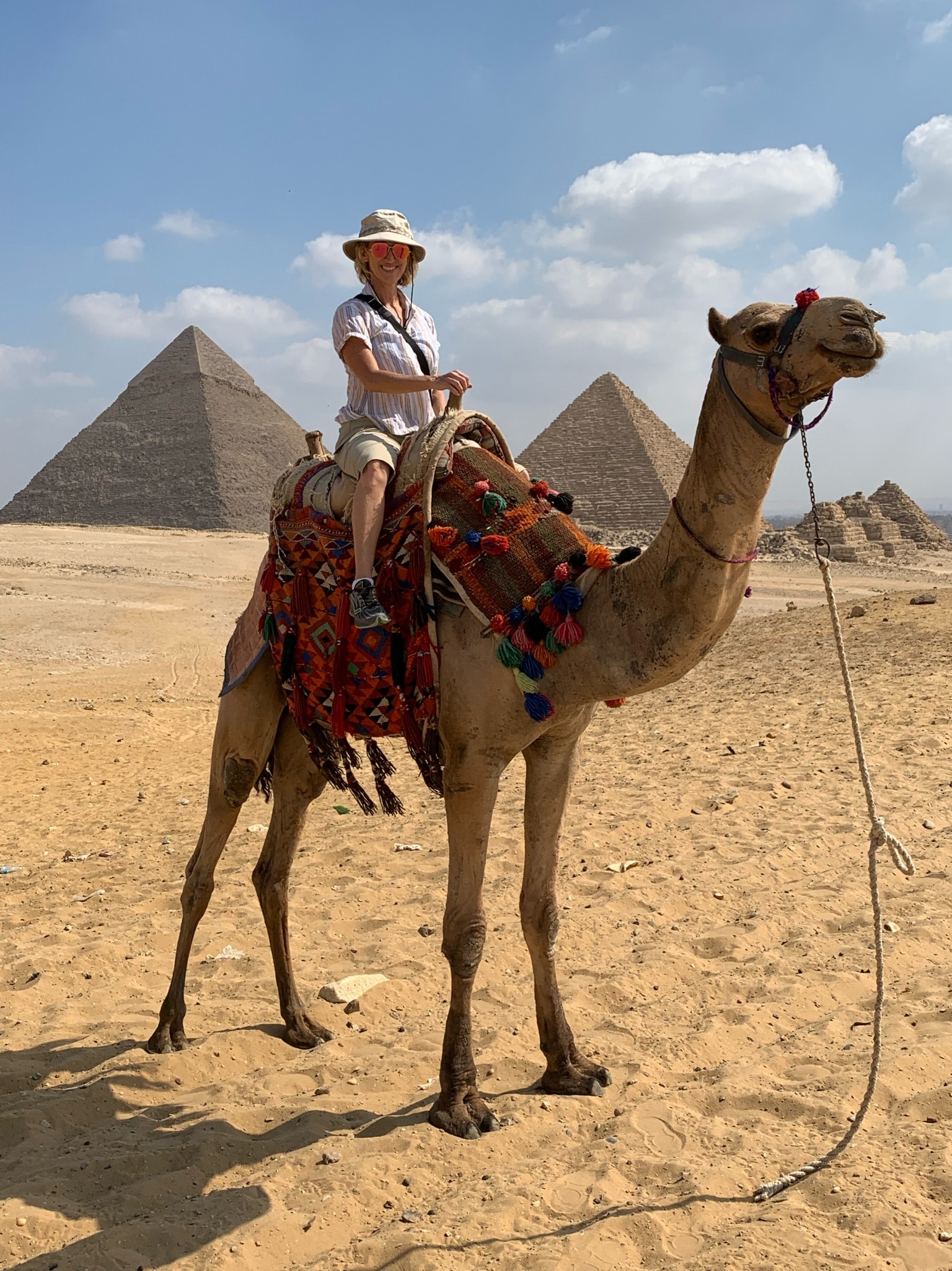 Jennifer posing on a camel in the desert during the daytime.