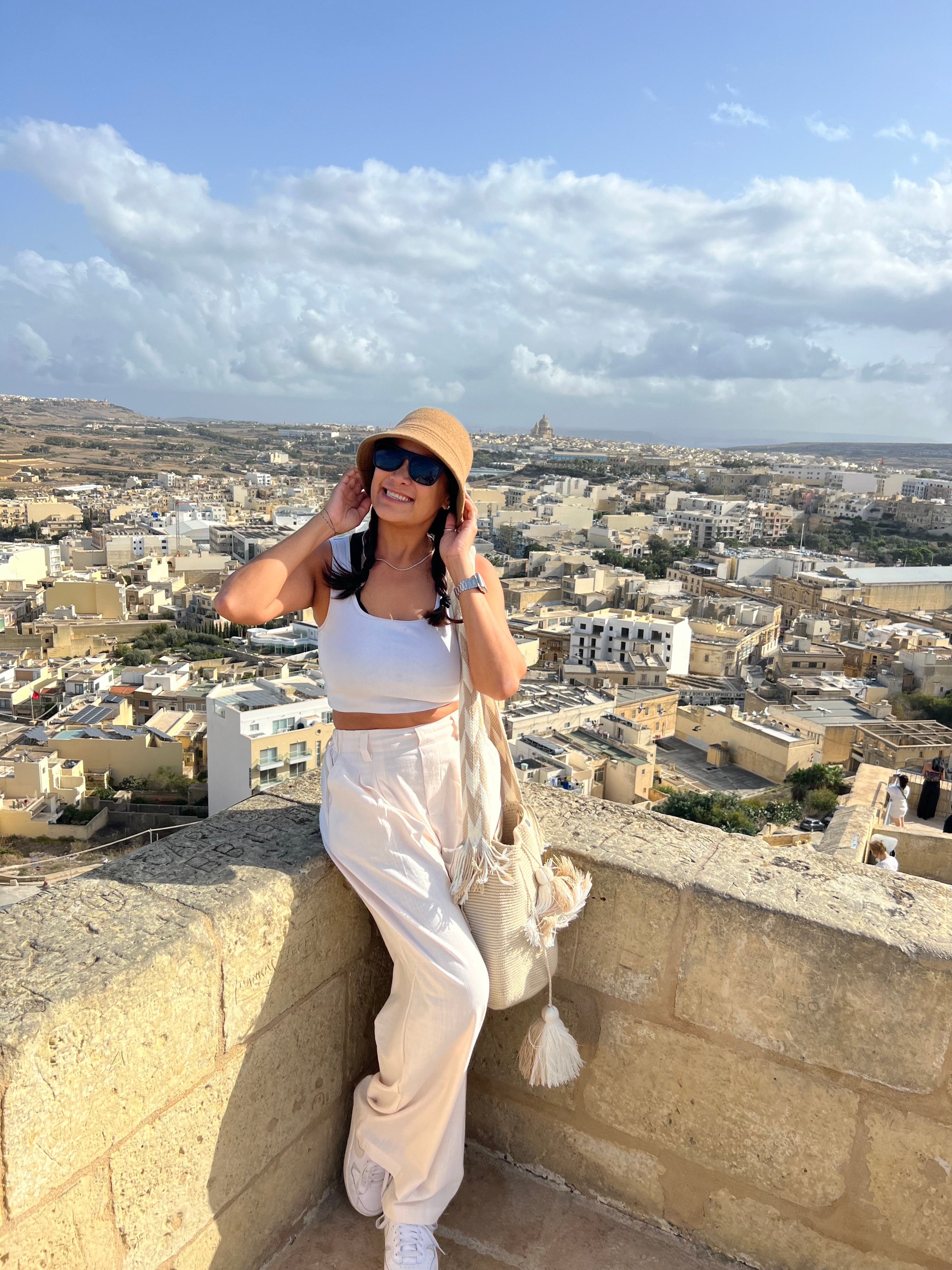 Advisor leaning against a stone wall overlooking a cityscape on a sunny day