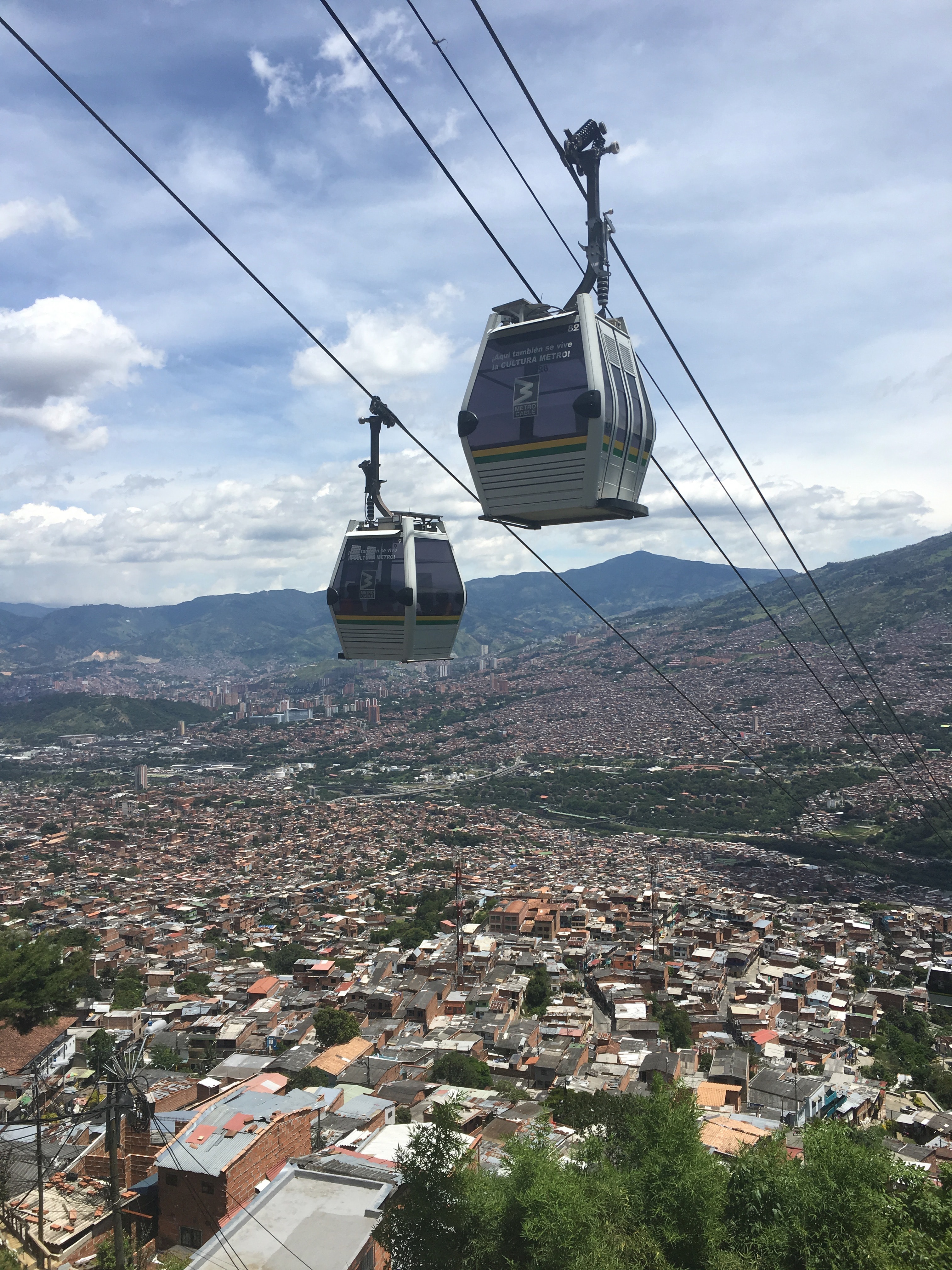 Cable car over city.