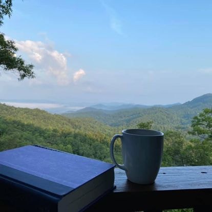 A white coffee mug and book resting on a railing overlooking a green forest on a sunny day