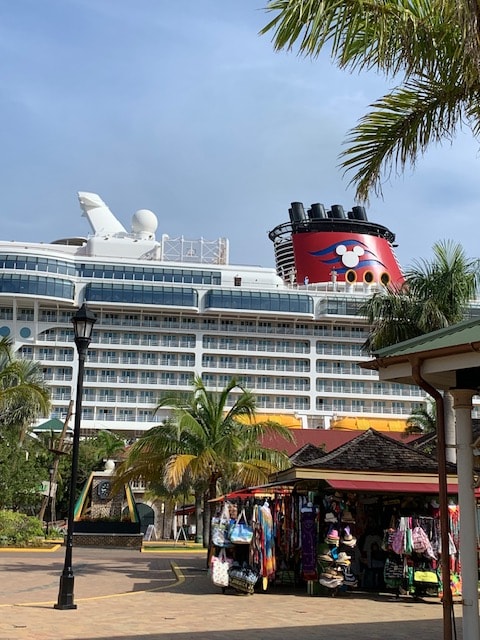 A view of a cruise ship in port. 