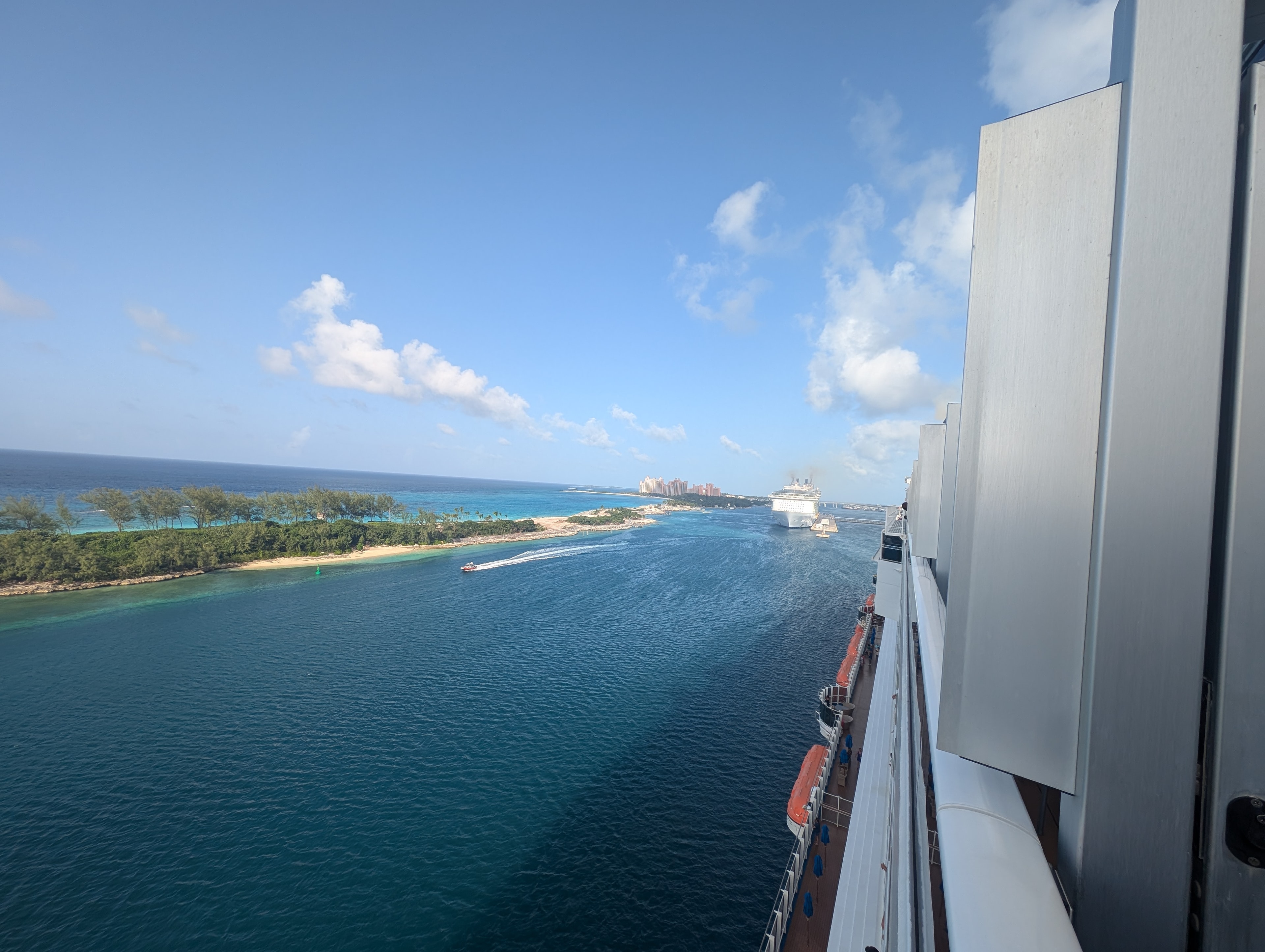 View of the sea as seen from the window of a large cruise ship on a sunny day