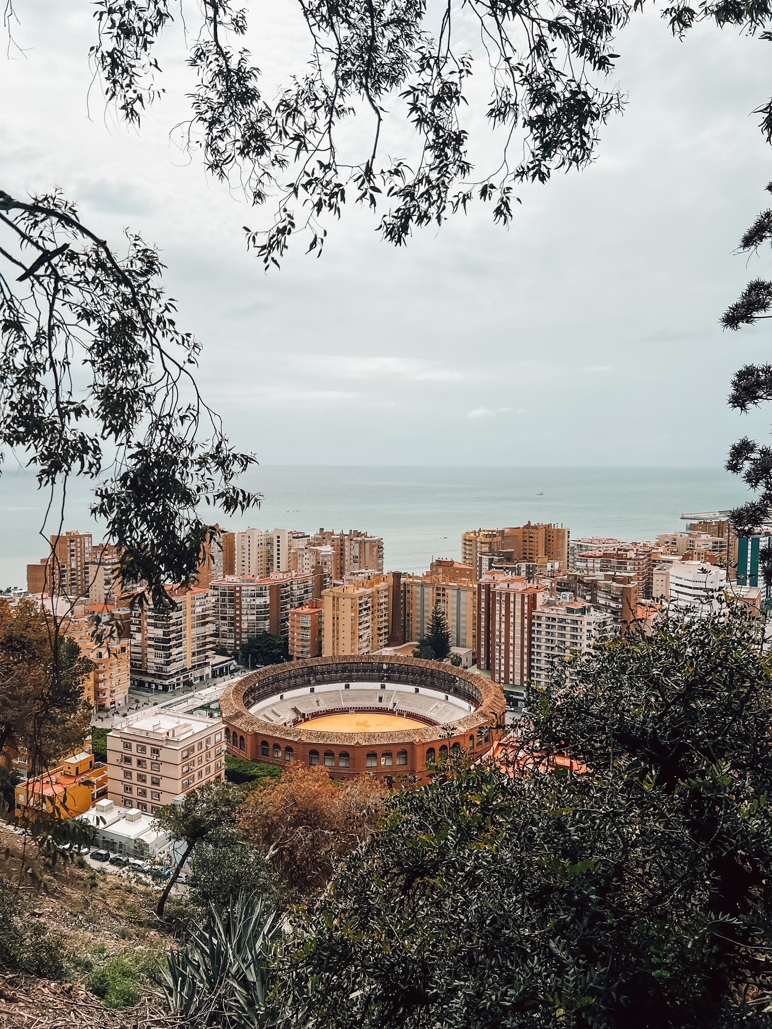 Aerial view of a stadium in a city by the sea on a cloudy day