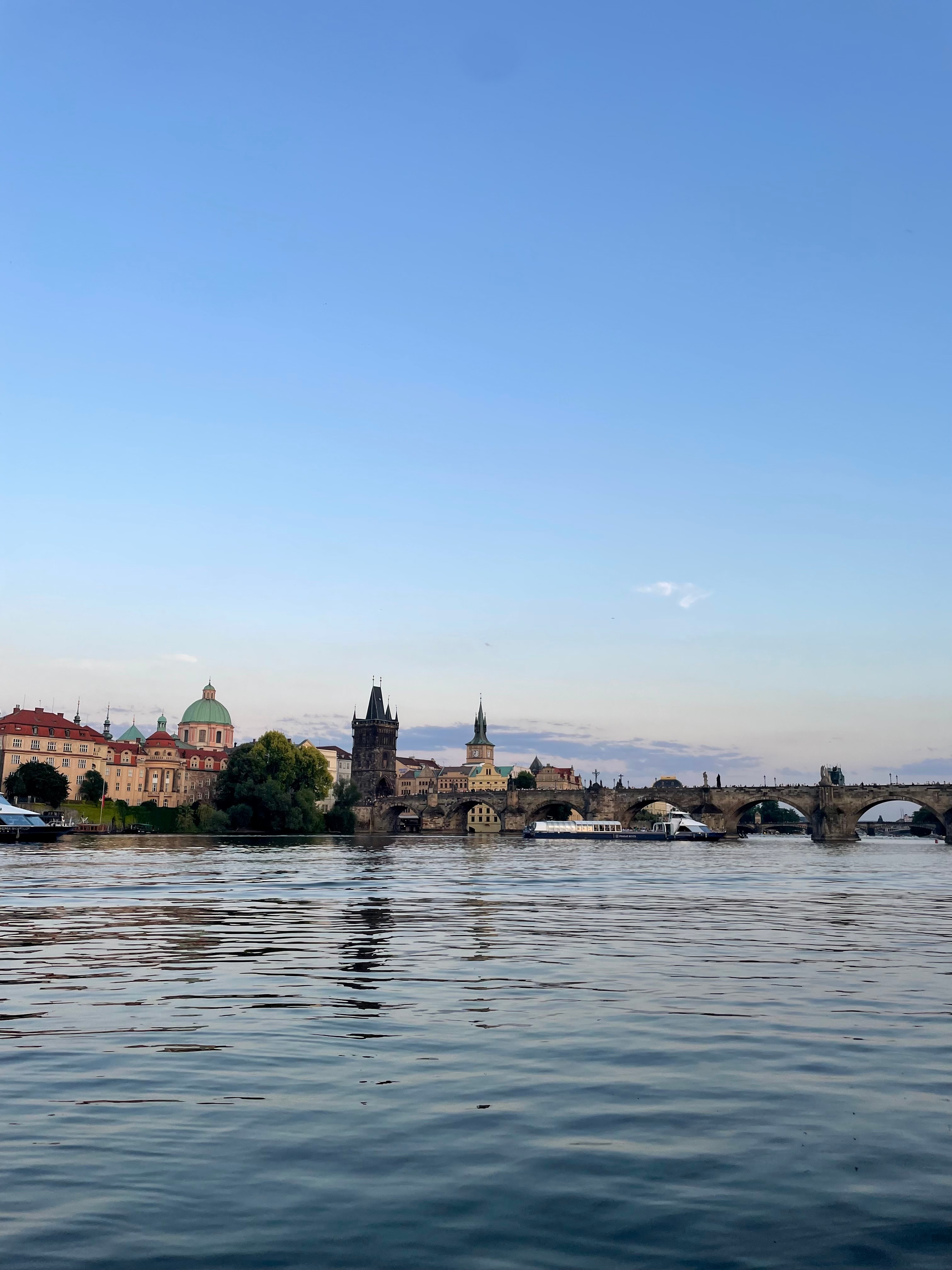 View of a river with buildings and trees visible on the other side under clear skies