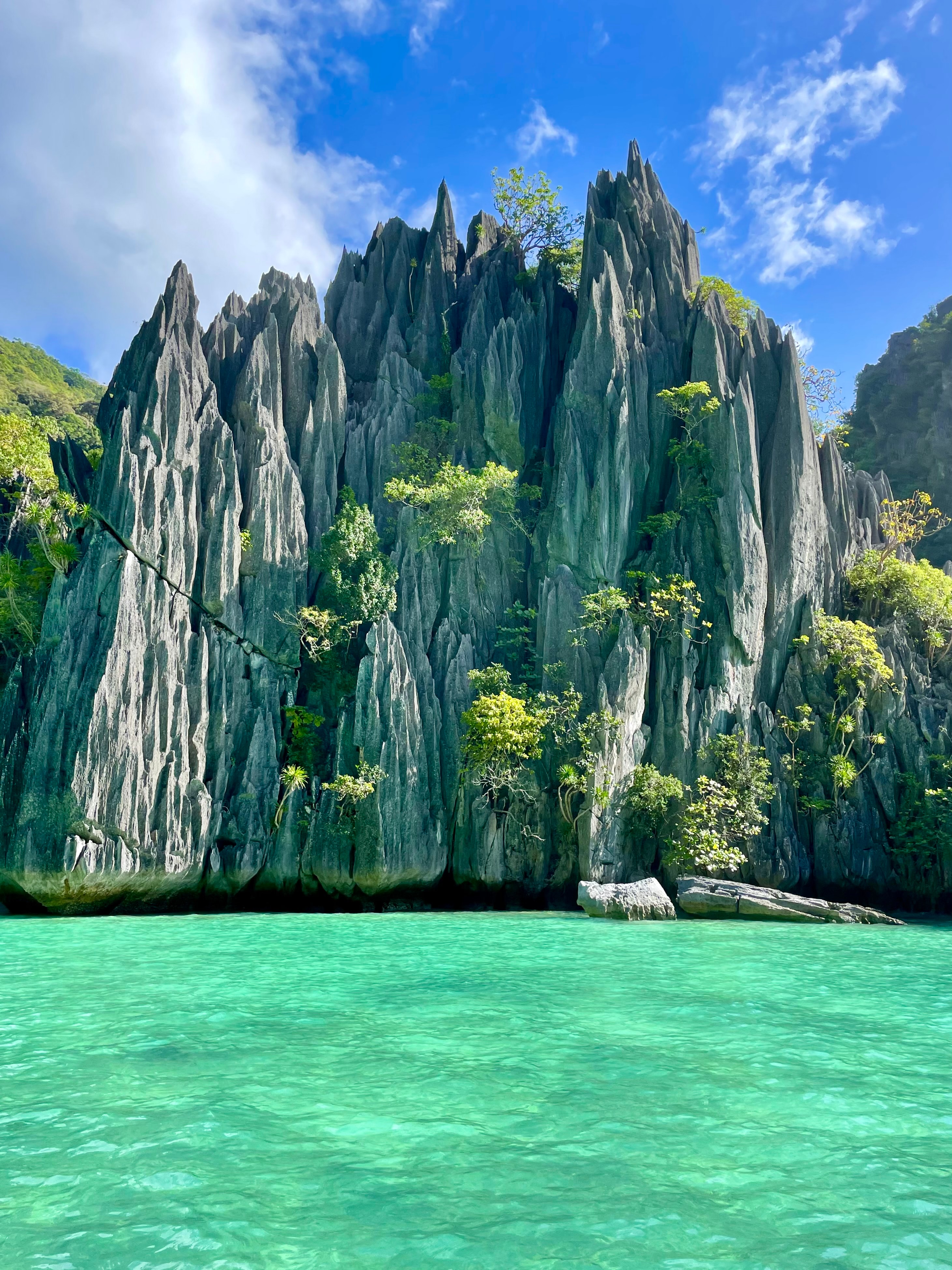 Photo of a cliff with green tinted water underneath during the daytime.