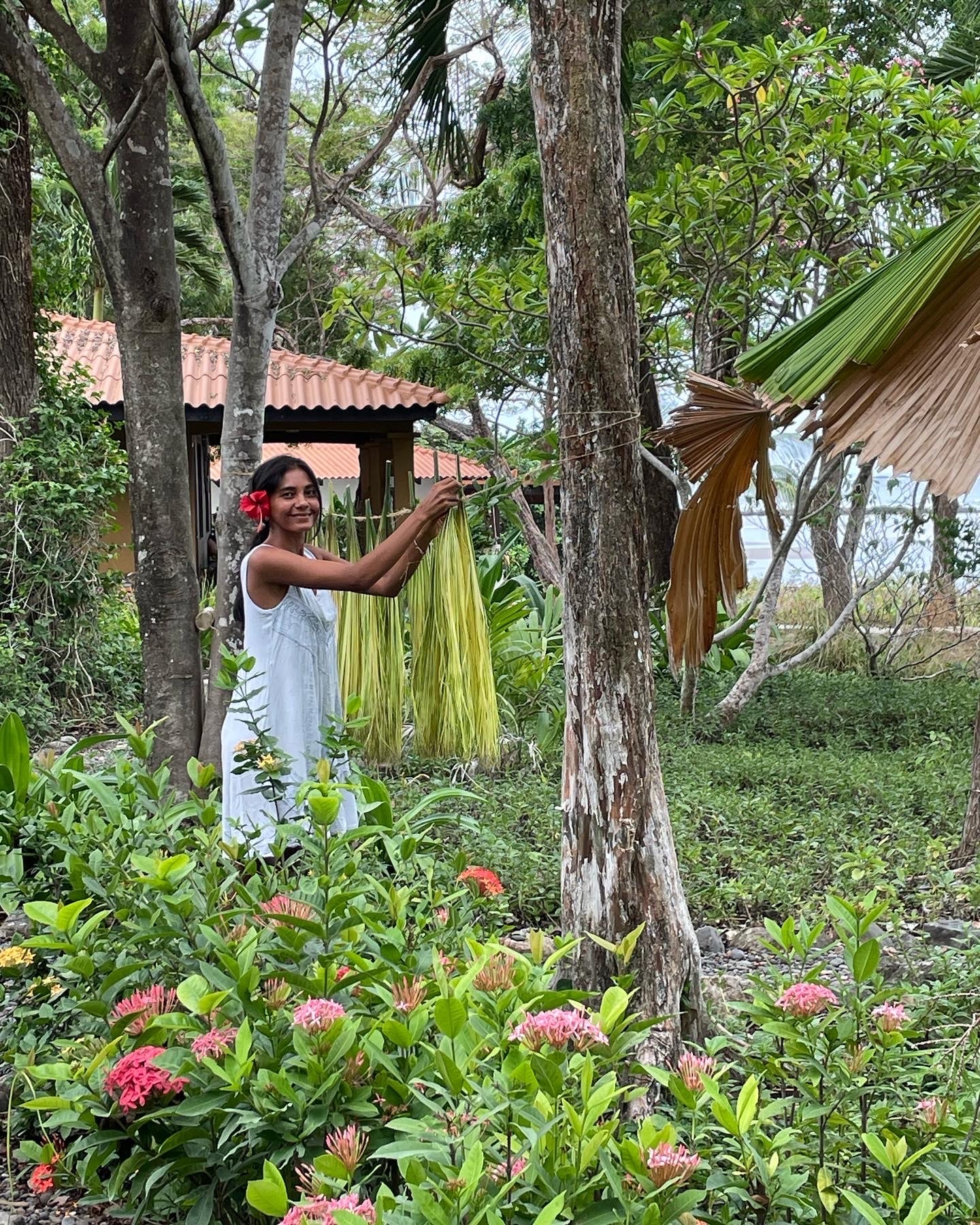 A woman in a white dress standing beside a tree amidst other plants