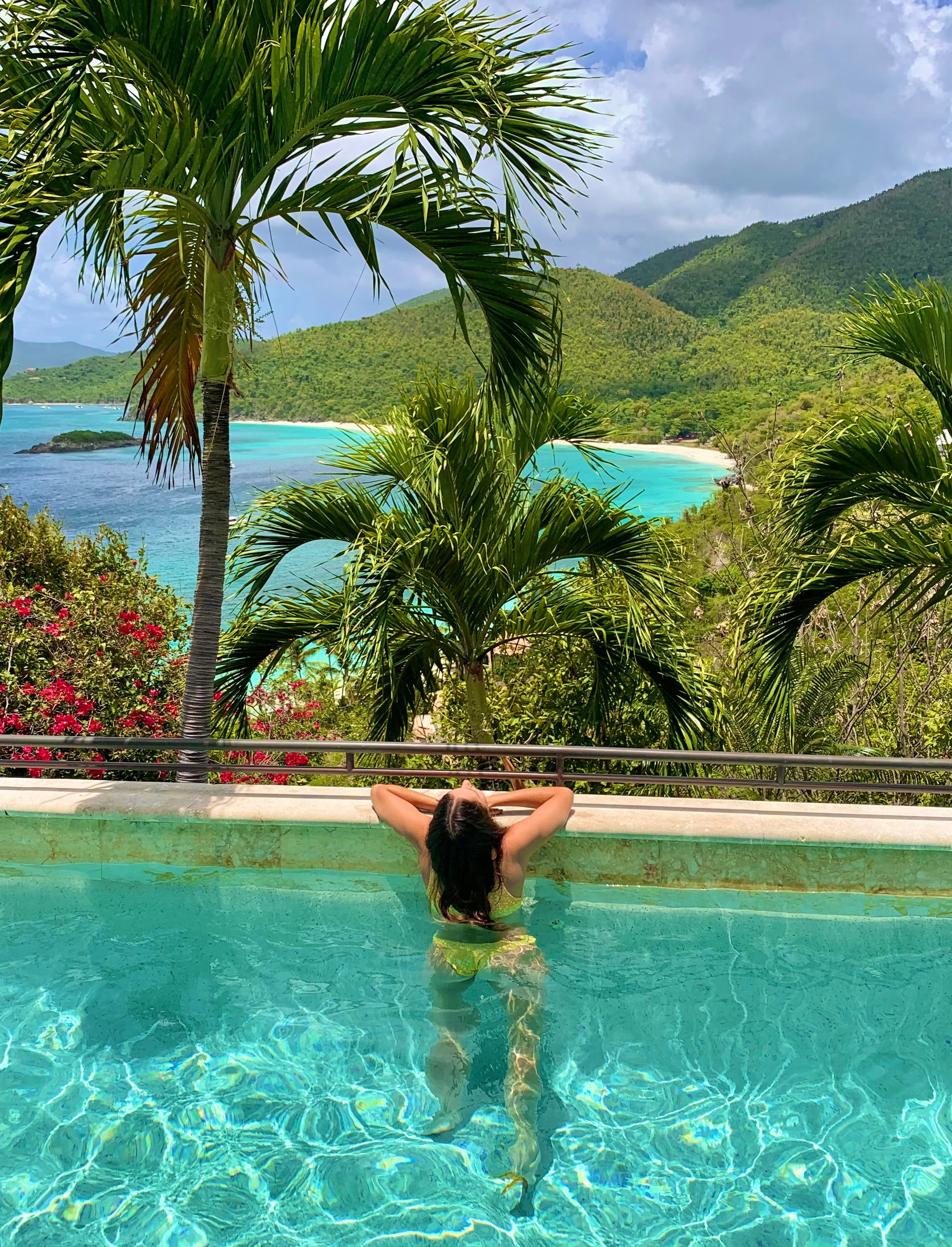 Advisor enjoying a swimming pool in a tropical location with a beach in the distance on a sunny day. 