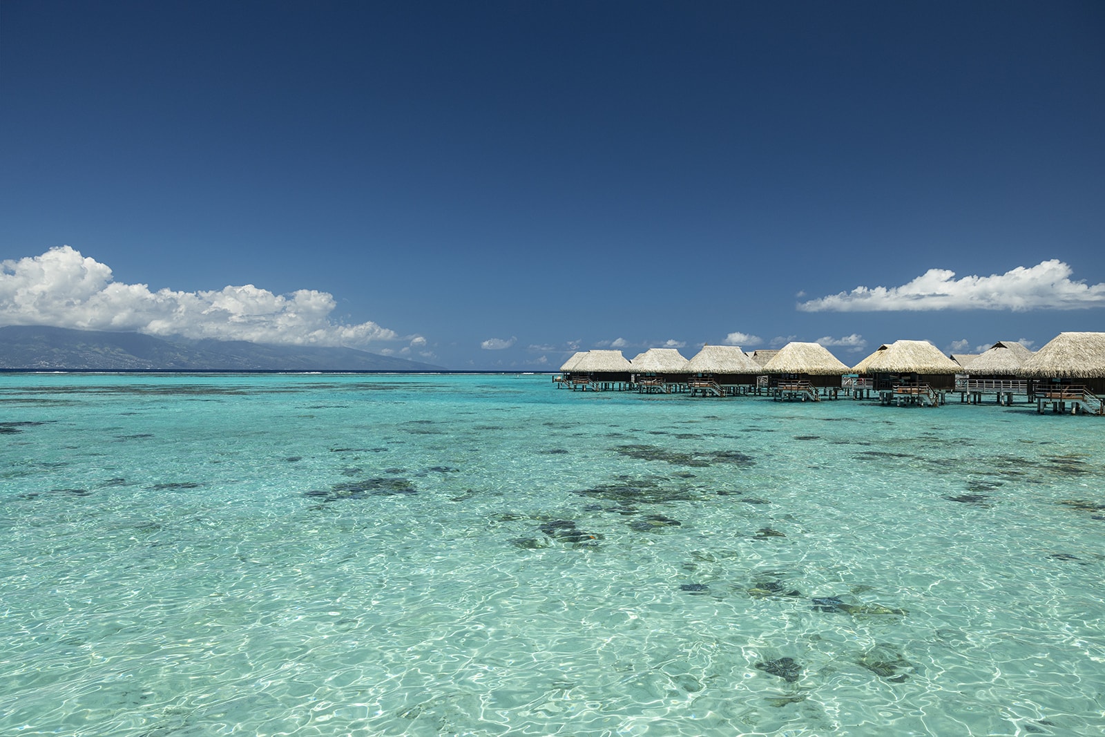 thatched-roof bungalows over a turquoise lagoon