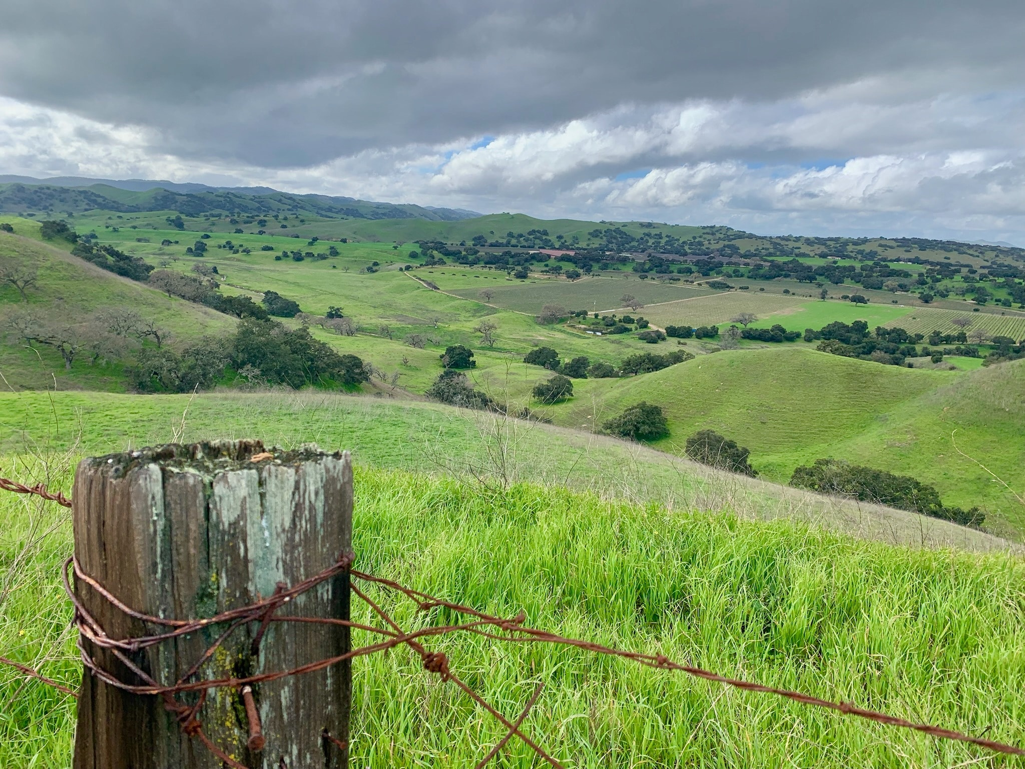 A lush green landscape with undulating hills, a cloudy sky, and a wooden post with barbed wire in the foreground.