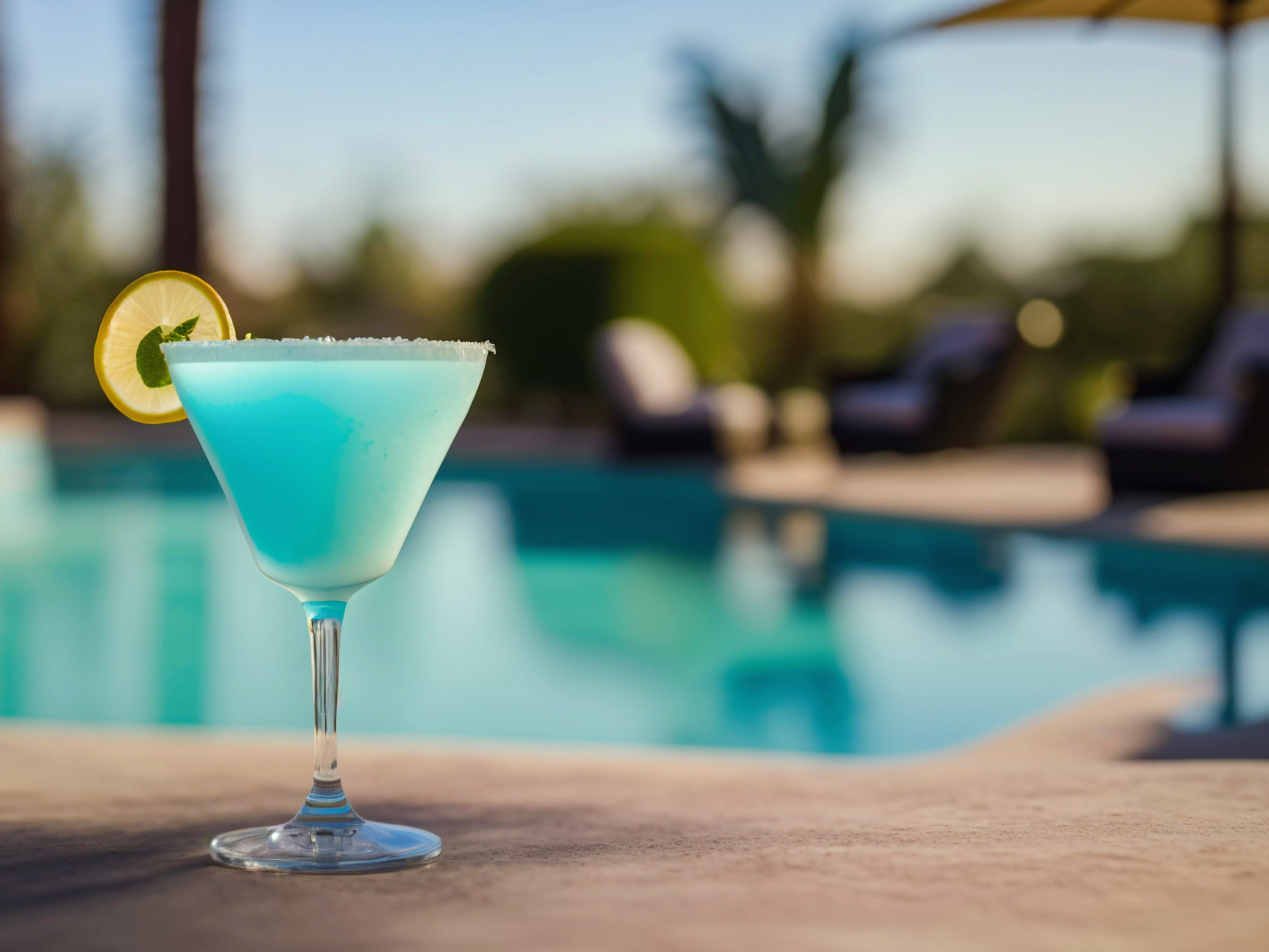 a-blue-cocktail-sitting-next-to-a-swimming-pool-nevis-travel-guide