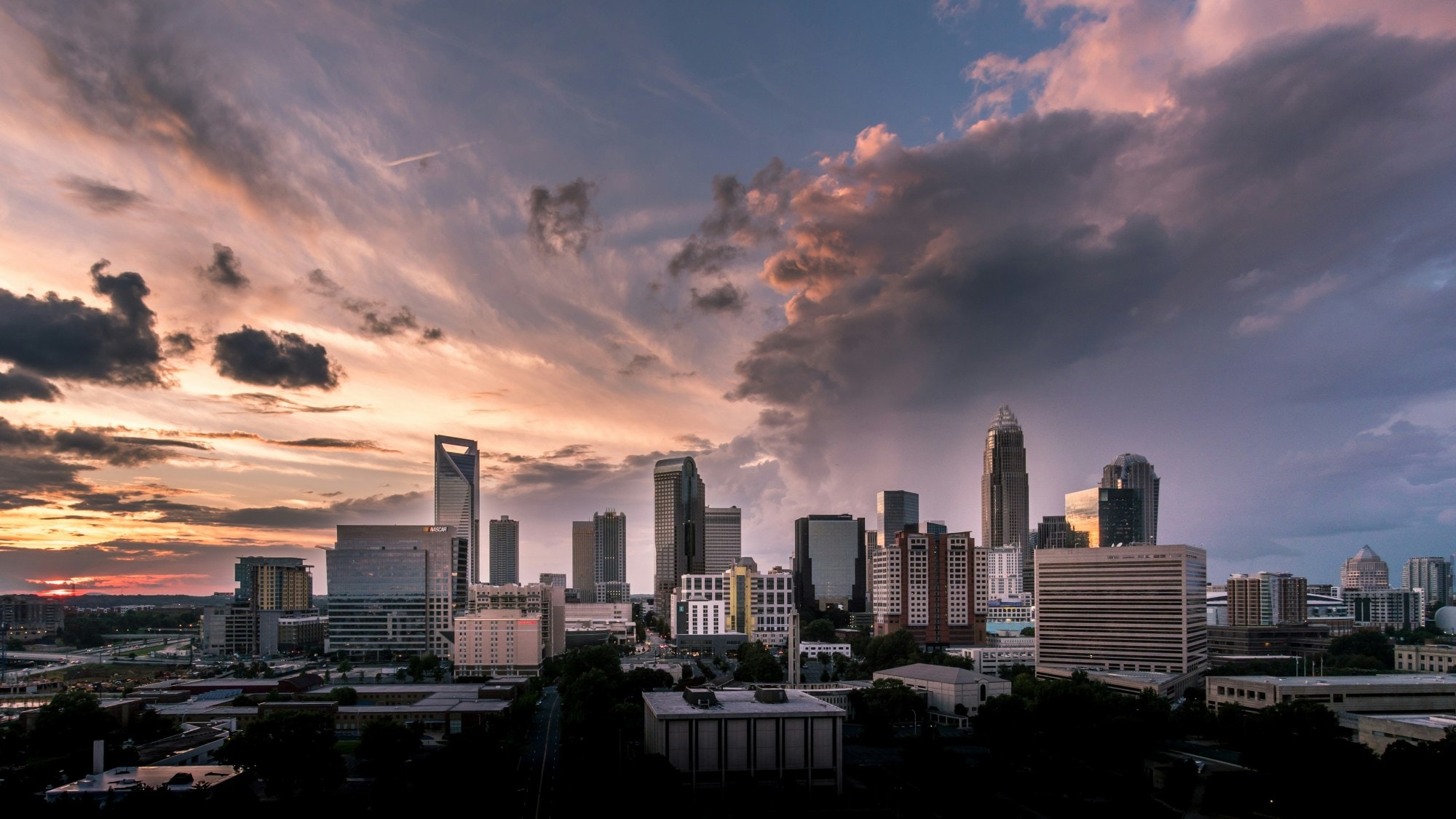 City skyline during sunset. 