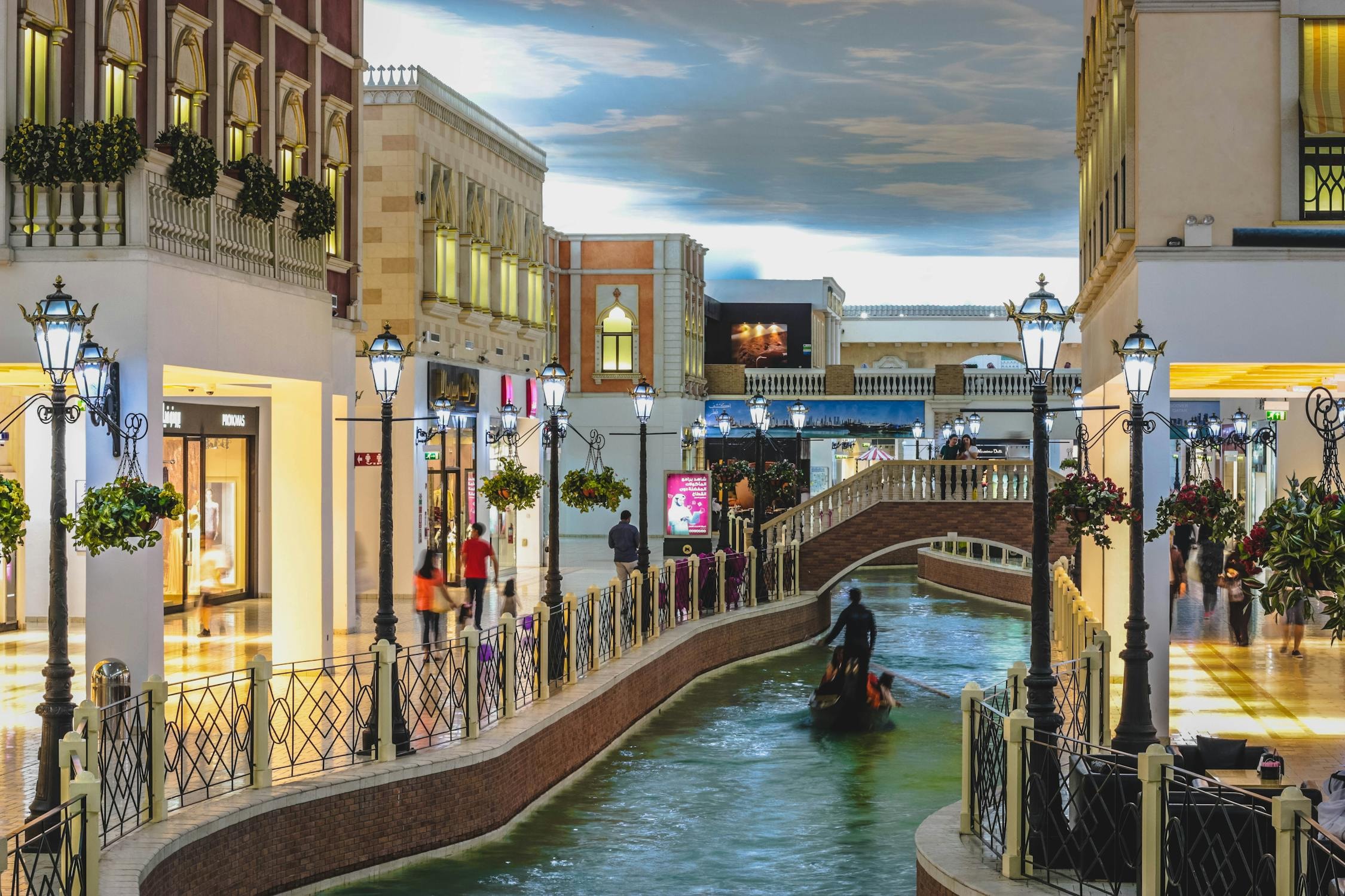 A view of the shopping area Grand Canal Shoppes at The Venetian Resort Las Vegas with a canal running down the middle.