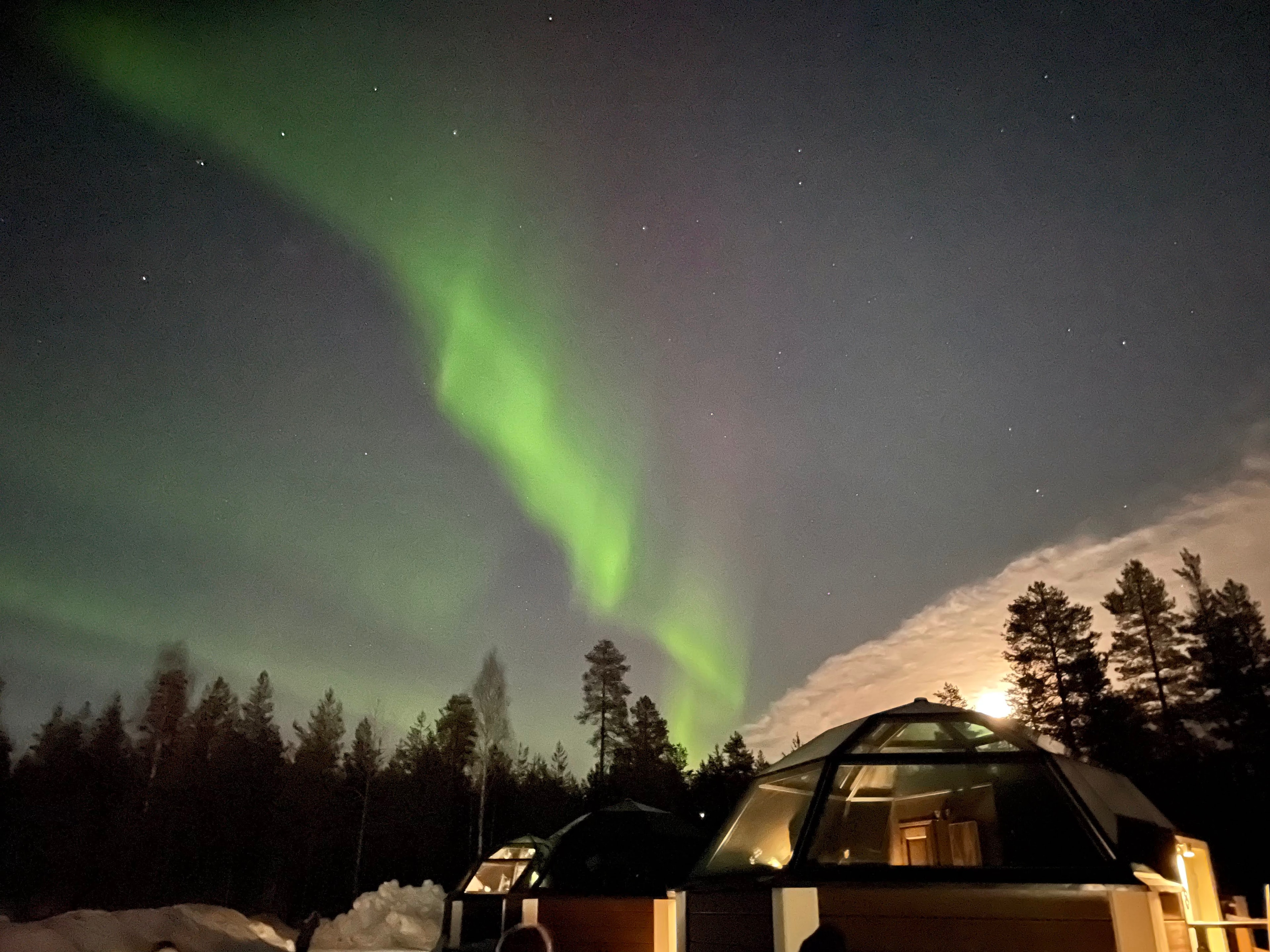 Northern lights in the sky above a glass igloo