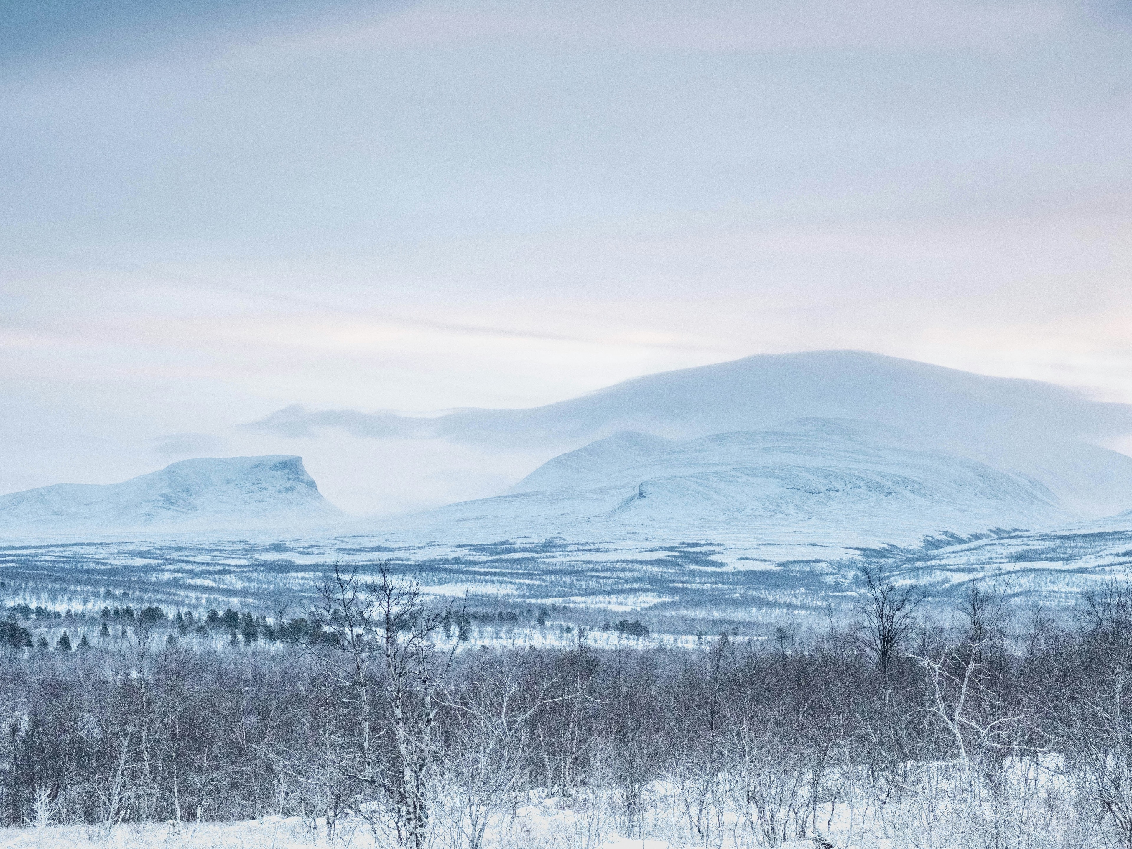 A snowy landscape with mountains in the distance