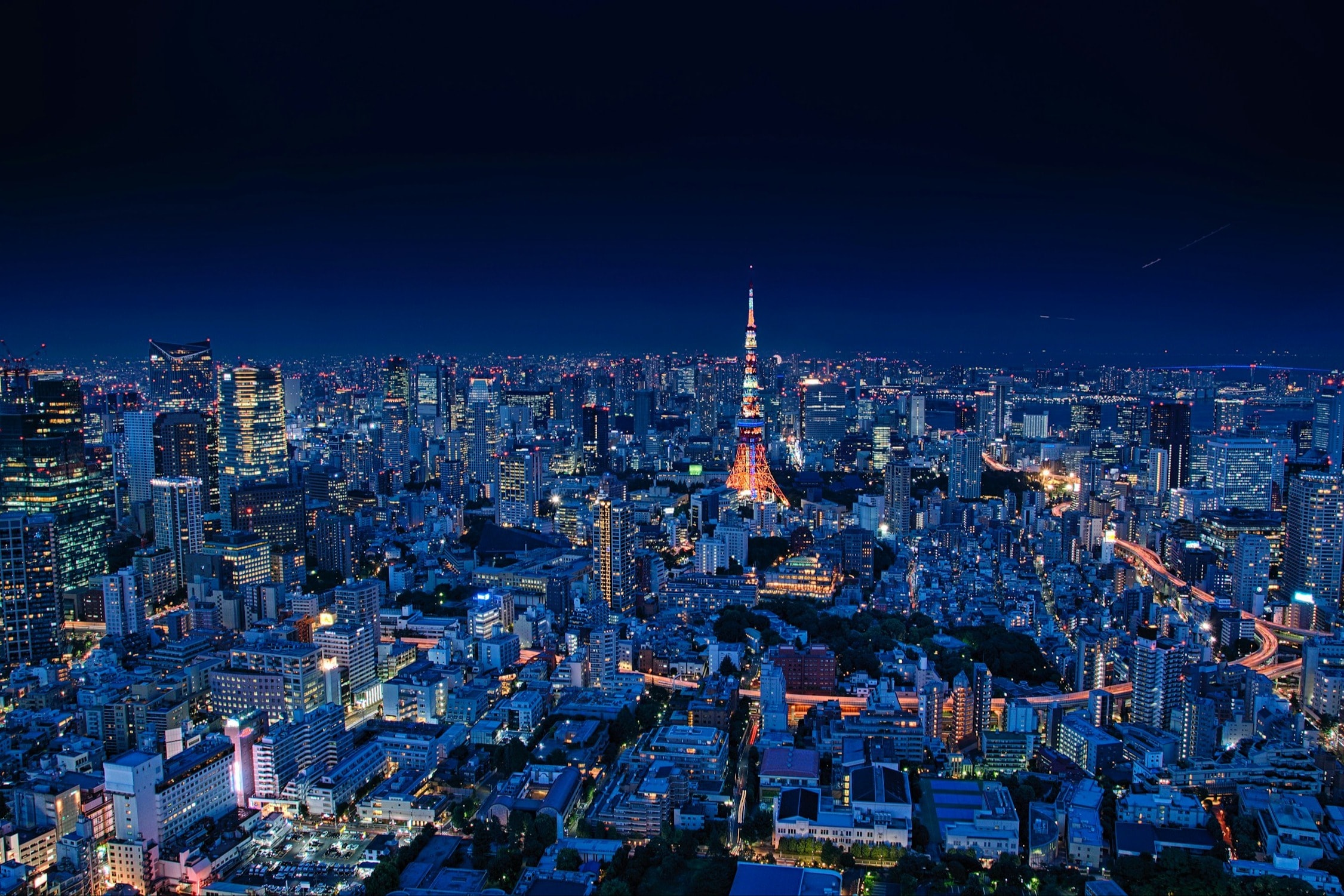 Aerial view of a large city lit up at nighttime