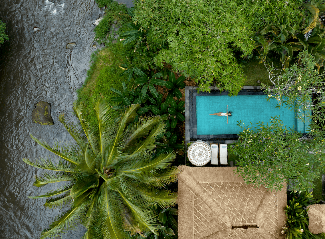 The image offers an aerial perspective of a swimmer in a rectangular pool amidst lush greenery, adjacent to a flowing river.