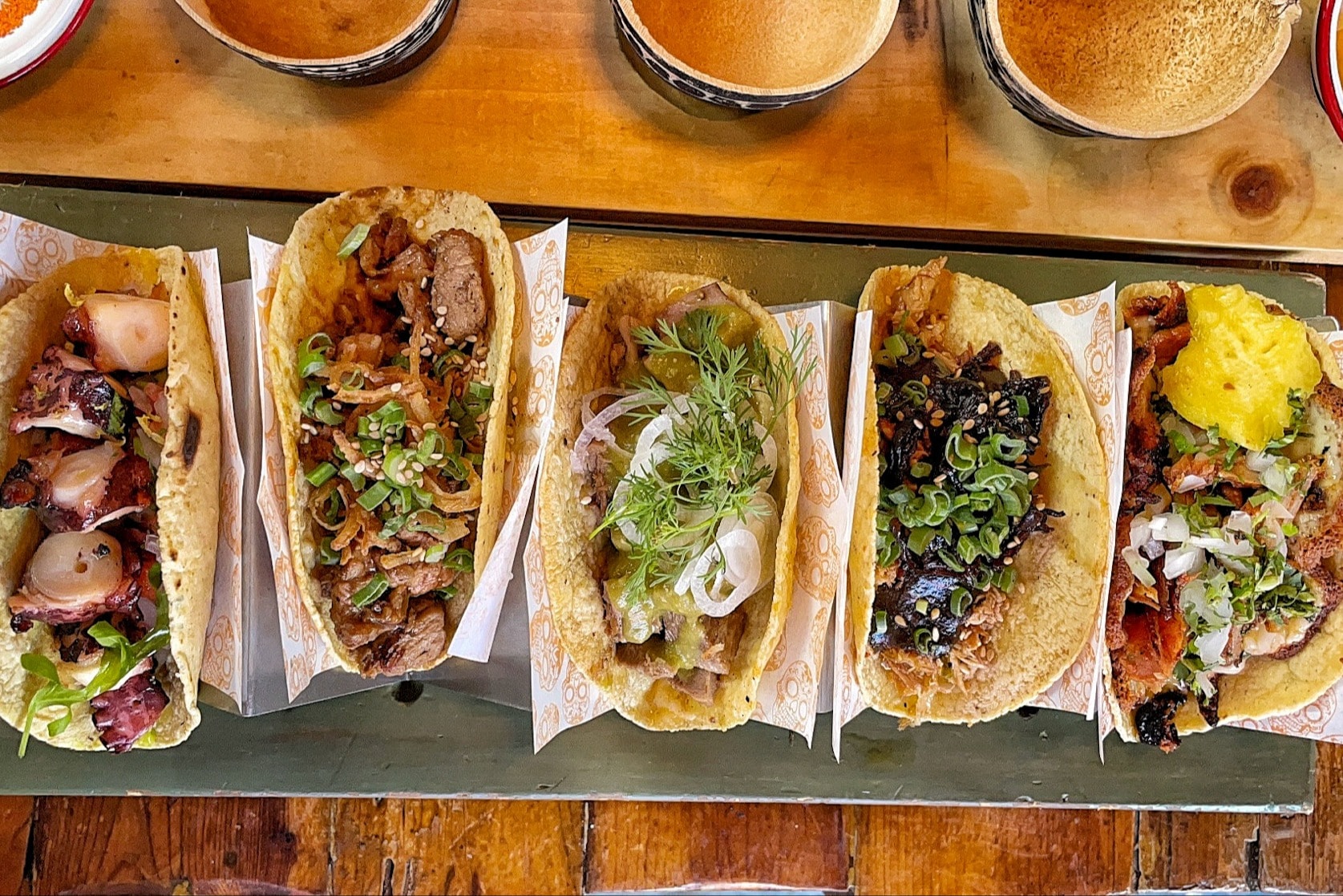 An aerial view of delicious tacos at La Lupita.