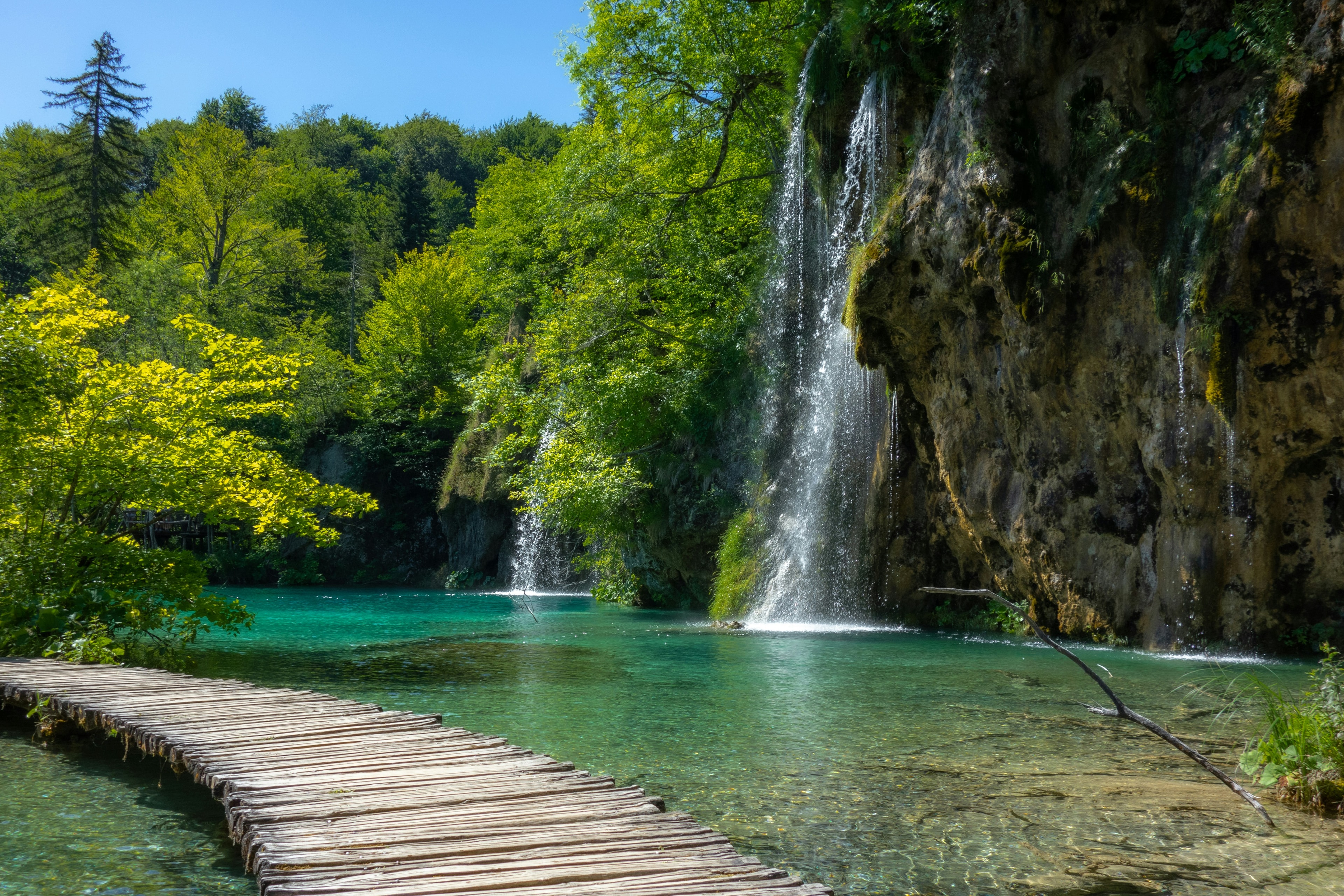 A serene natural landscape with a wooden path and a turquoise pond by a waterfall.