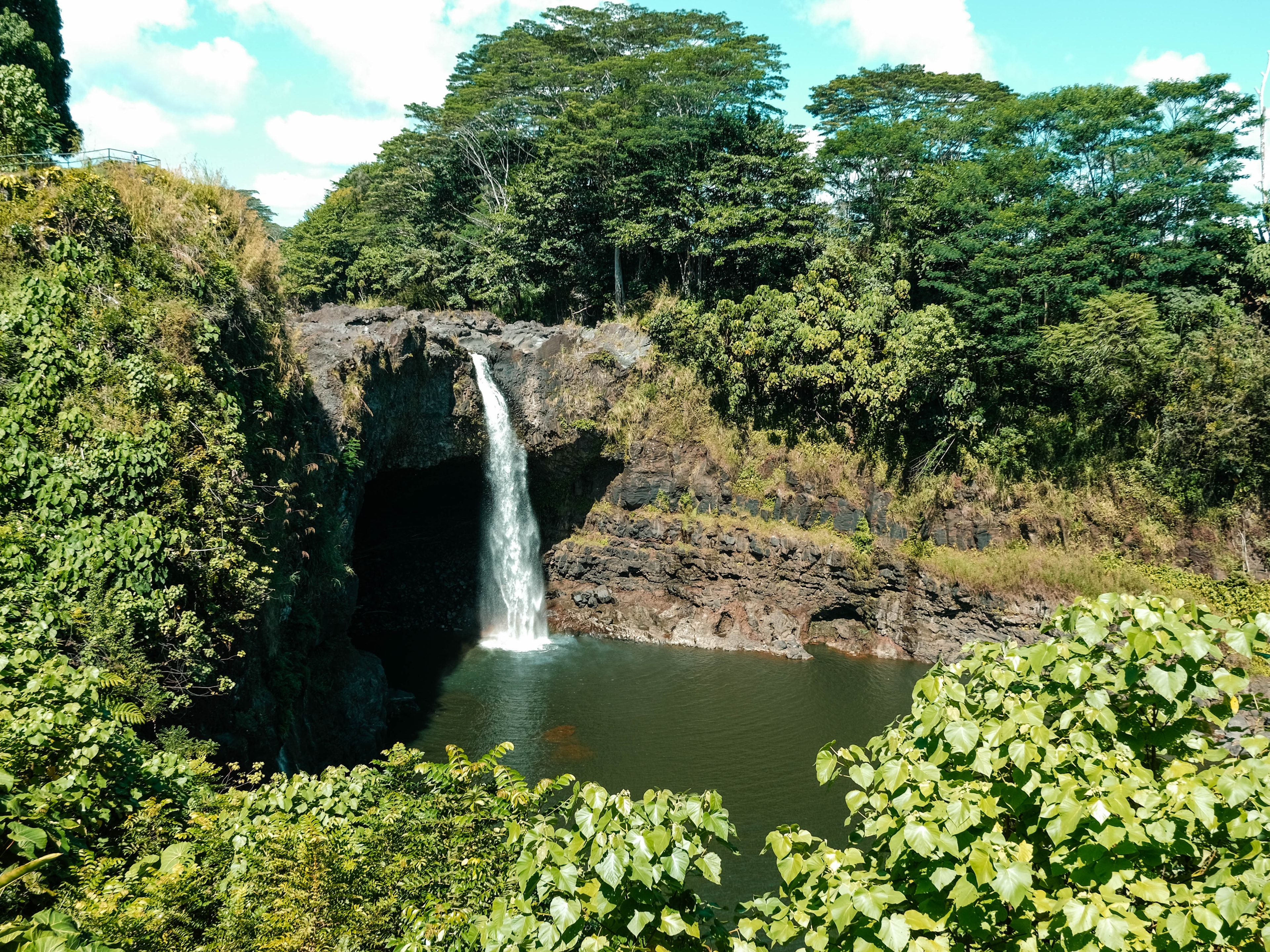 A serene waterfall cascades amidst verdant foliage under a clear blue sky.