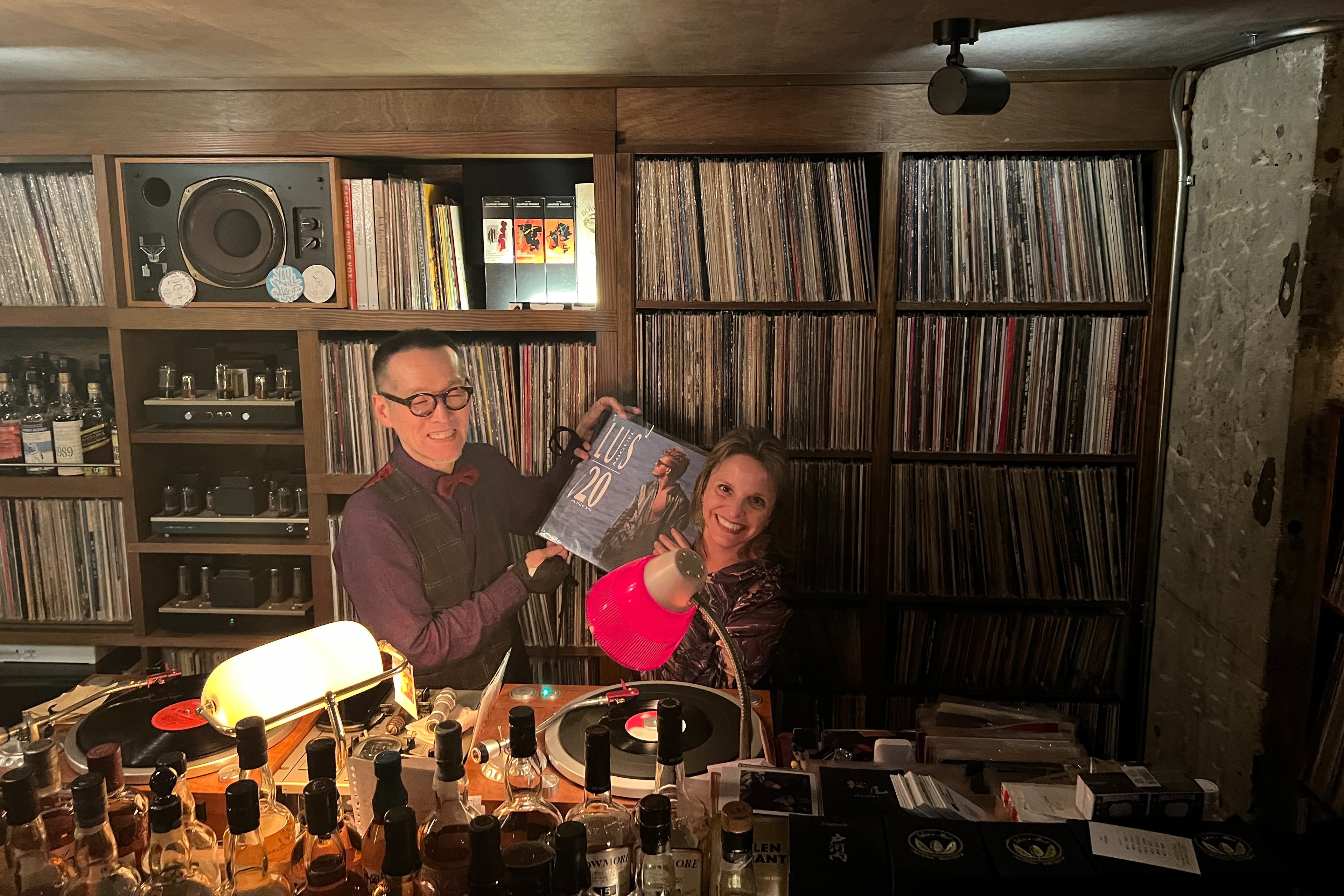 Mr. Momo of Beatle Momo showing his collection of music discs.