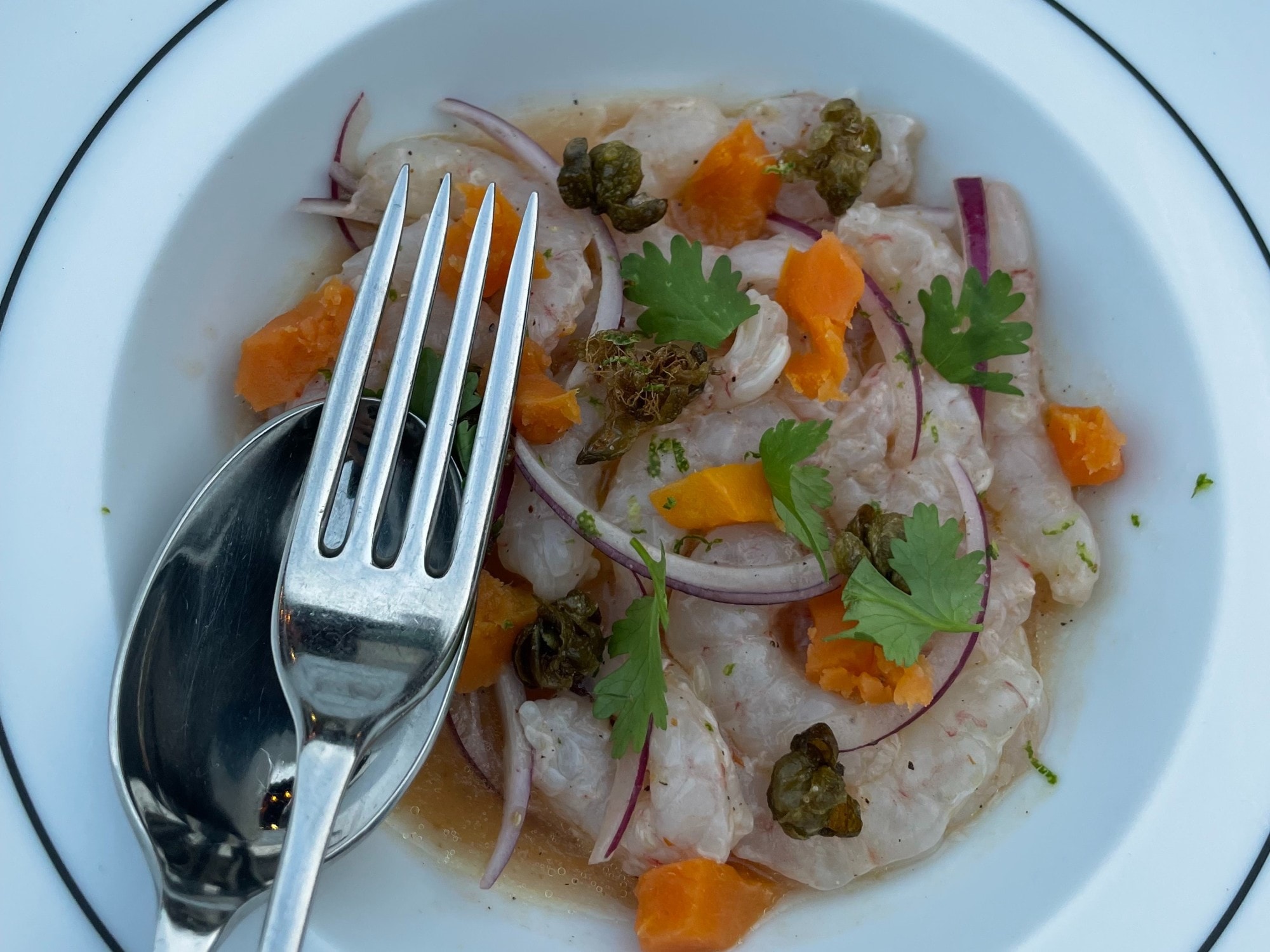 An aerial view of a shrimp dish served on a white plate