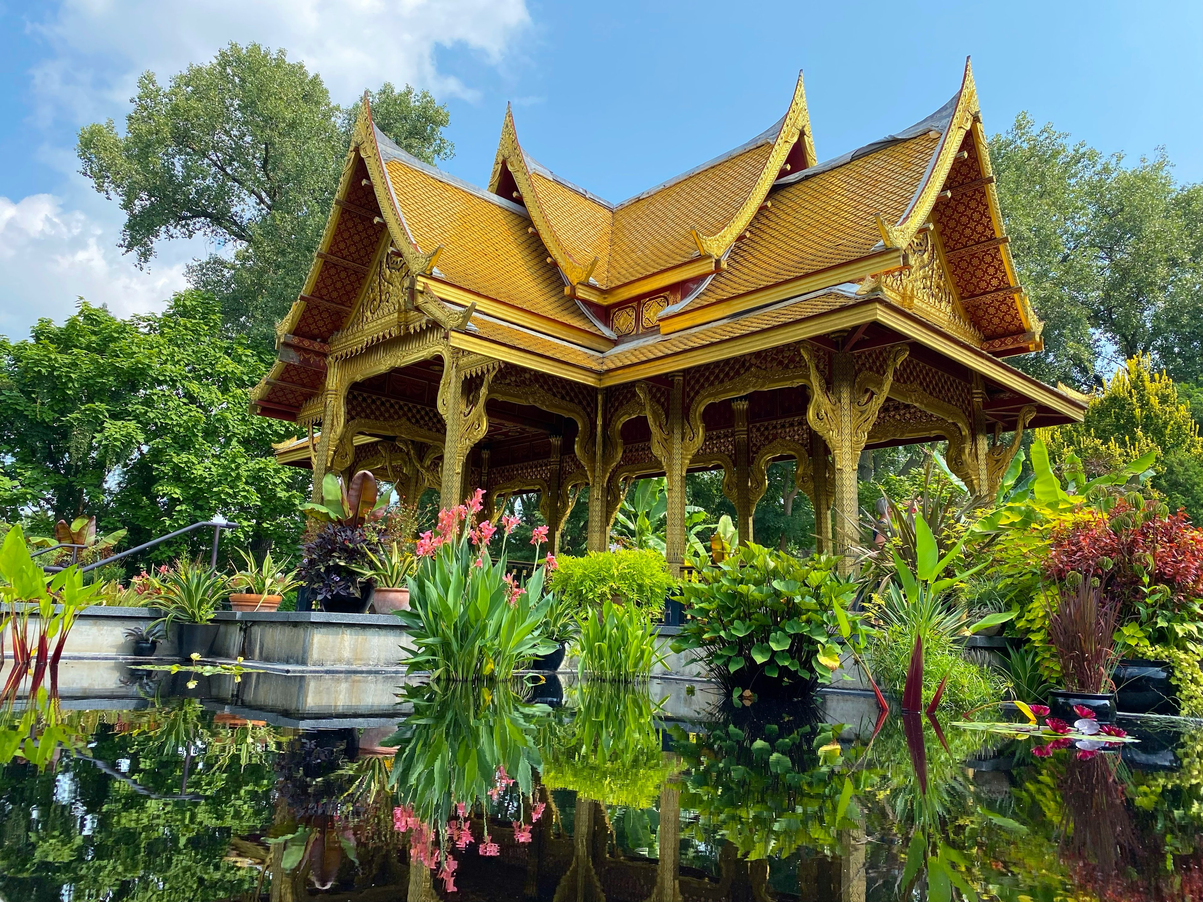 A picture of a tea garden with foliage surrounding the Asian inspired architecture 