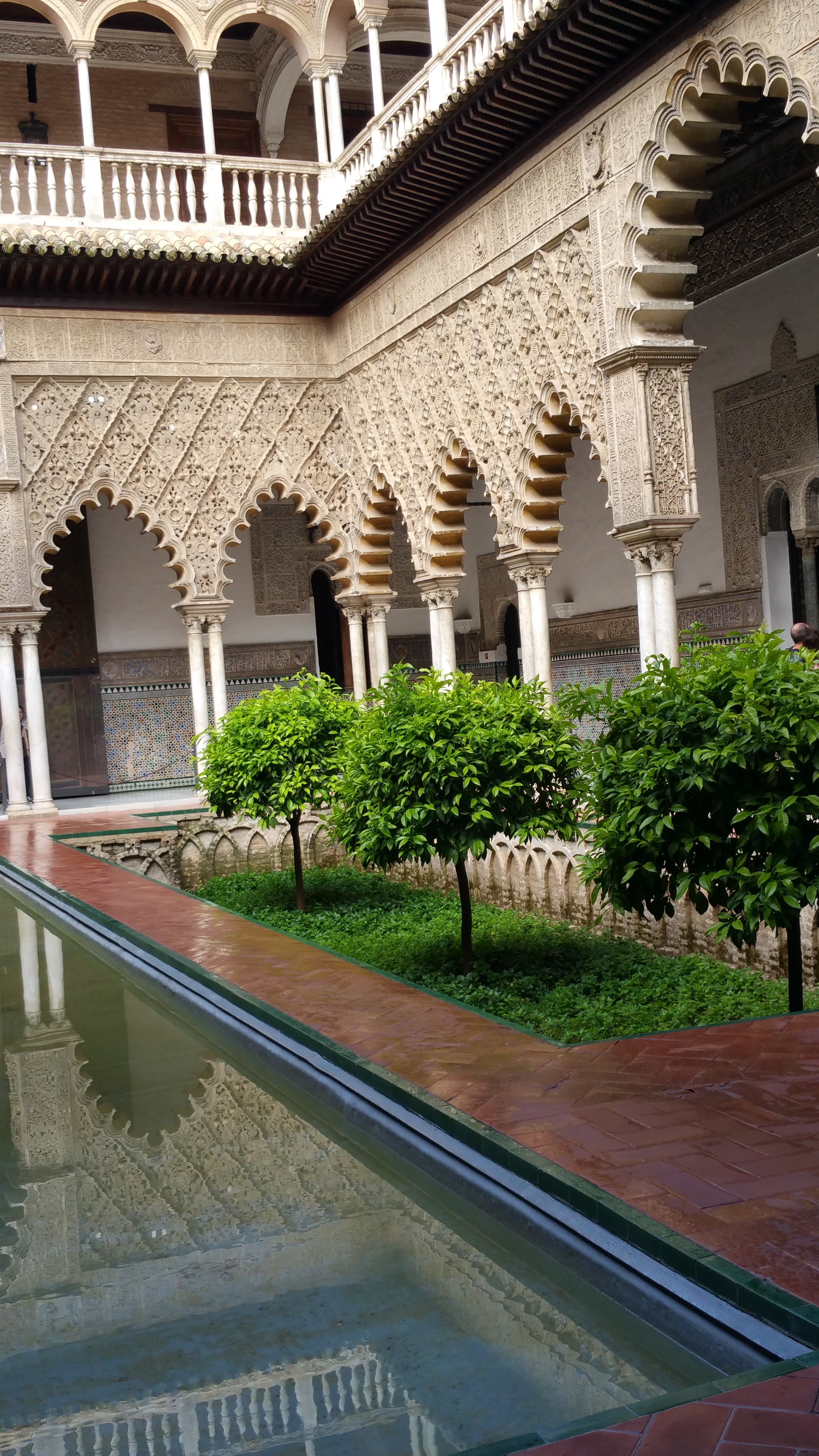 A courtyard with a pool in the center surrounded by trees and concrete arches.