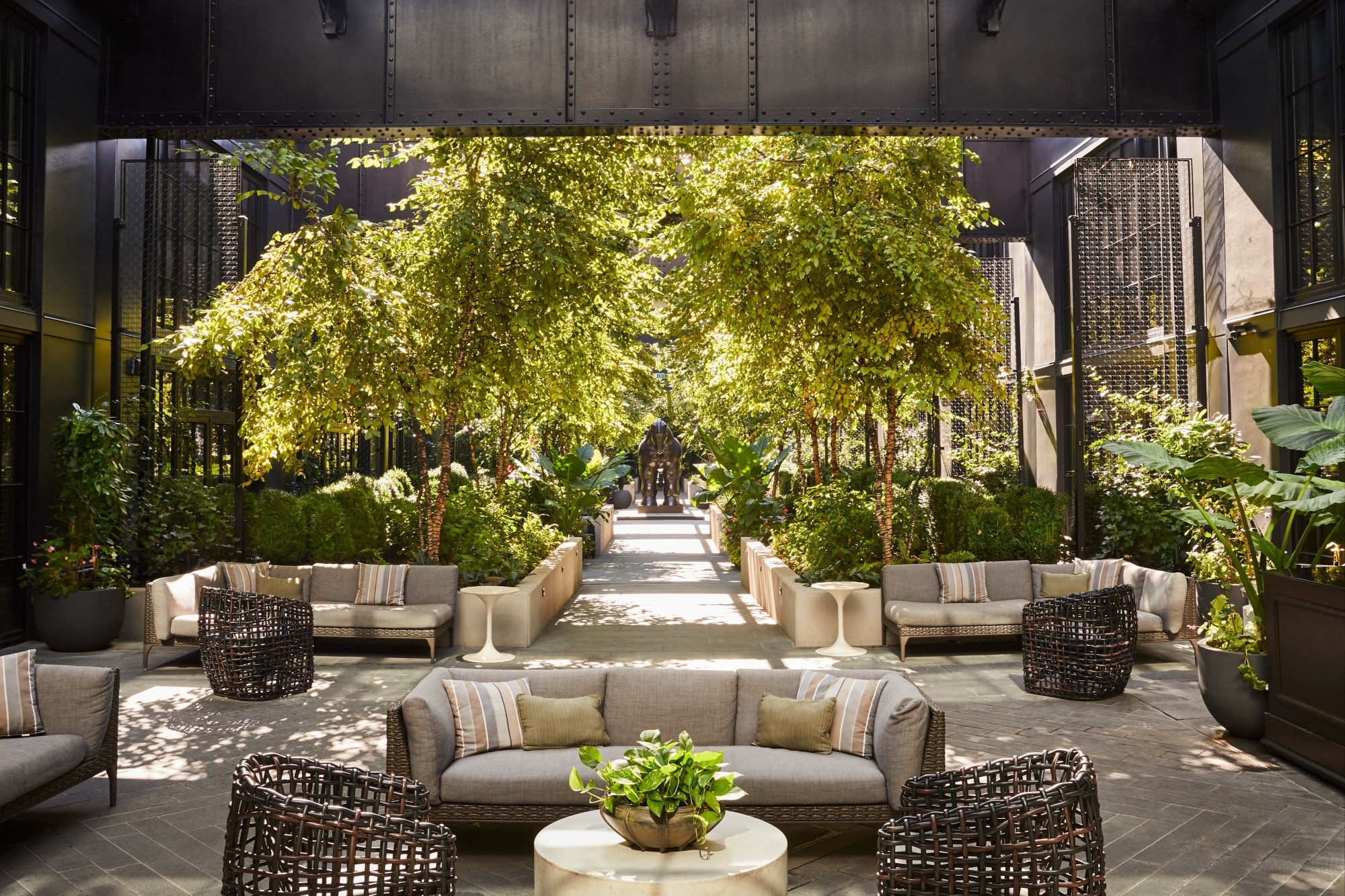 a lush courtyard beneath black iron metal beams