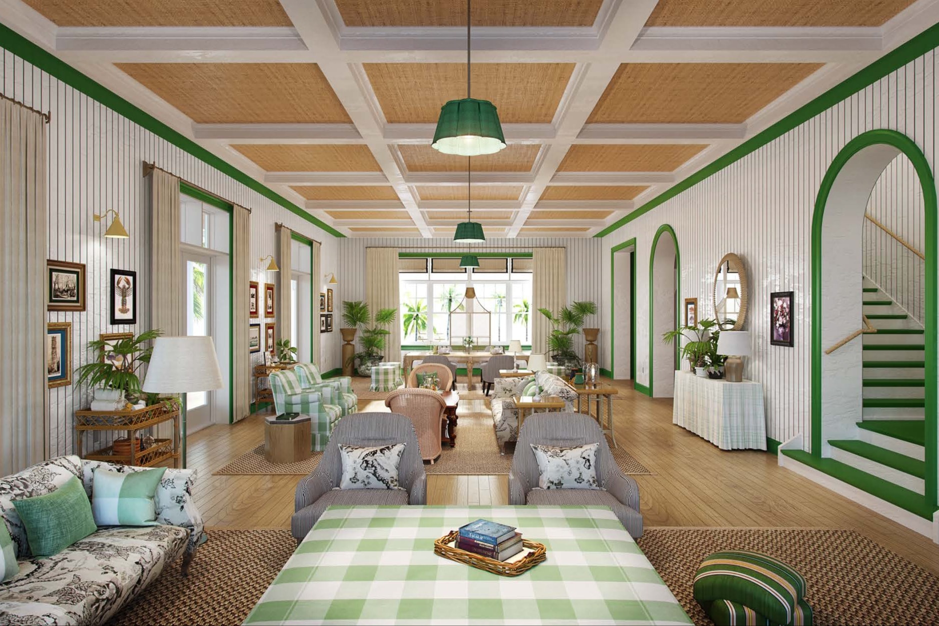 a lounge area with green trimming on white wooden walls