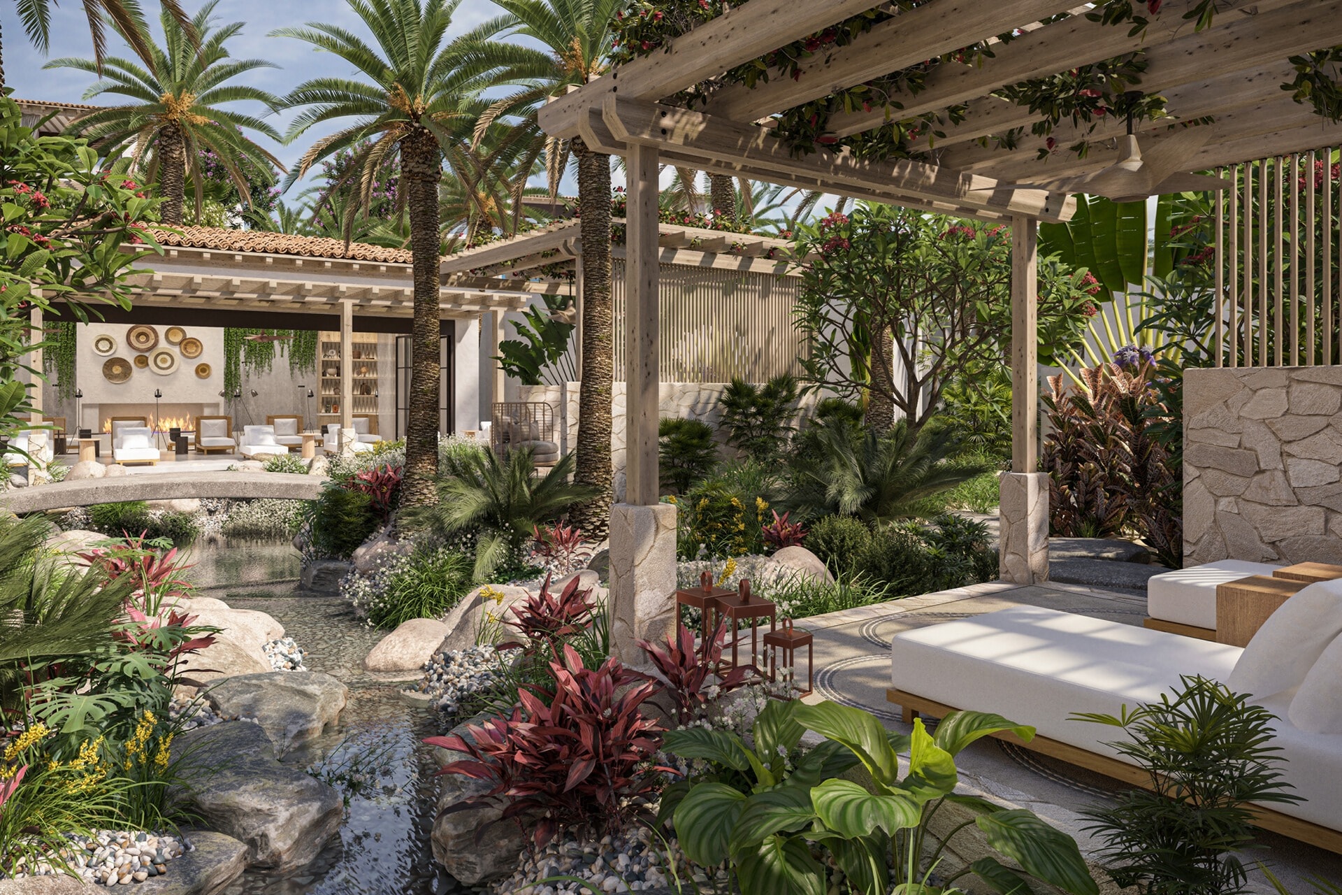 a white daybed overlooks a lush courtyard with a pool