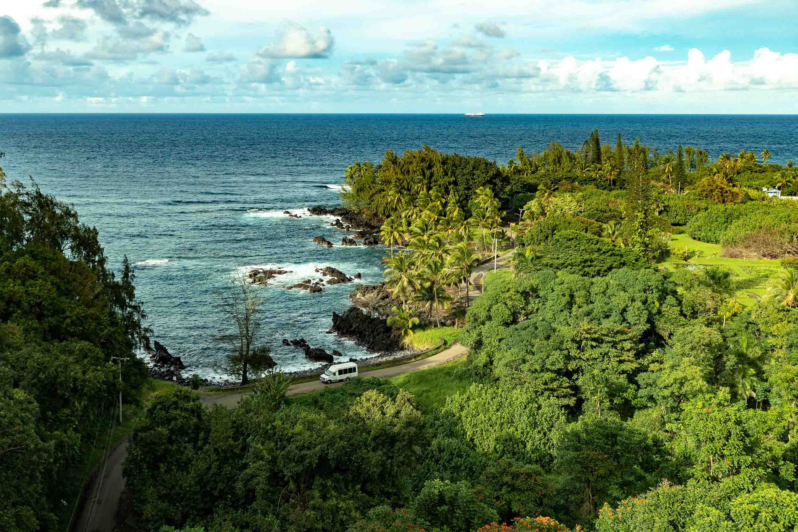 A scenic coastal view of road to Hana.