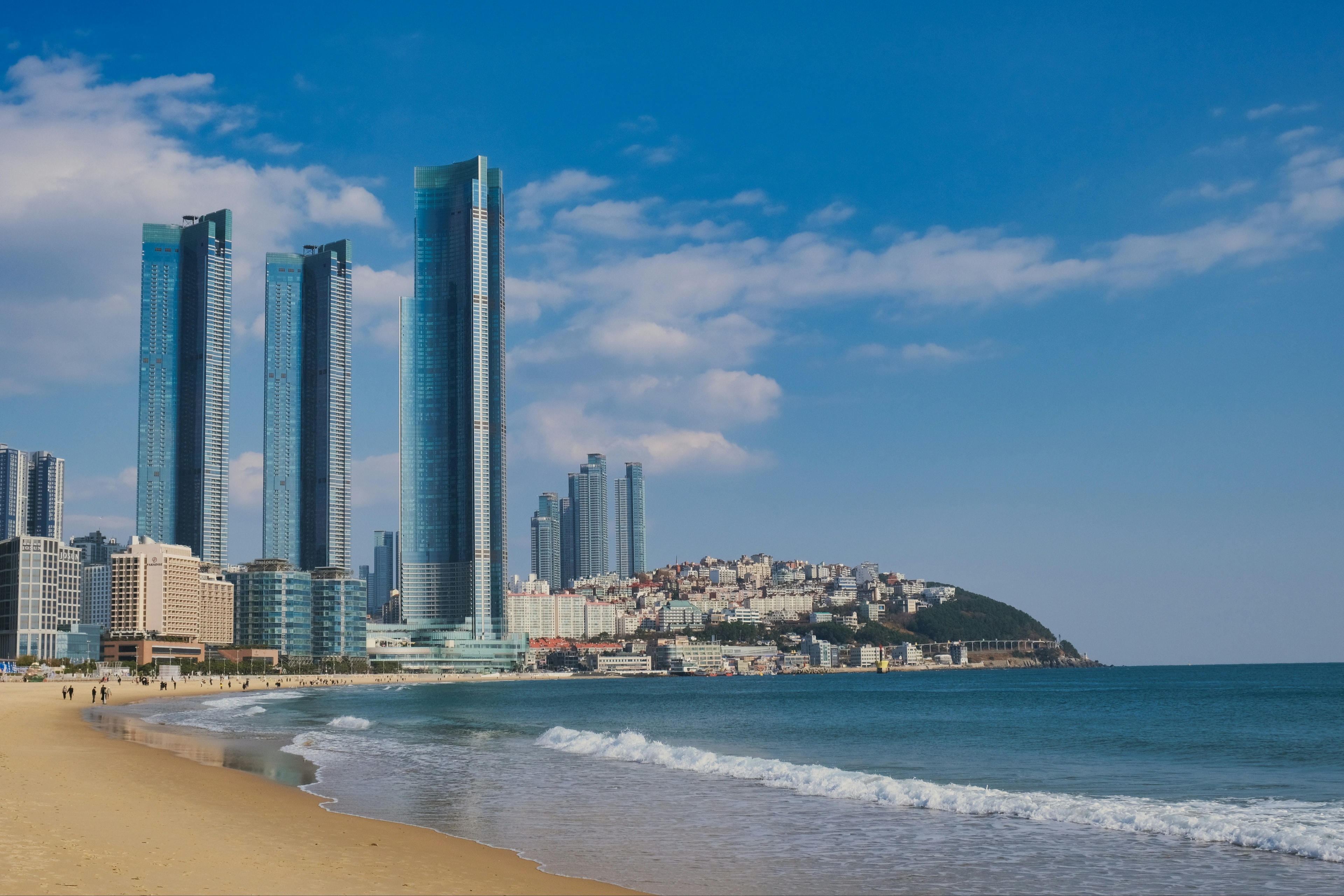 A far view of the city with tall buildings near the beach during the daytime.