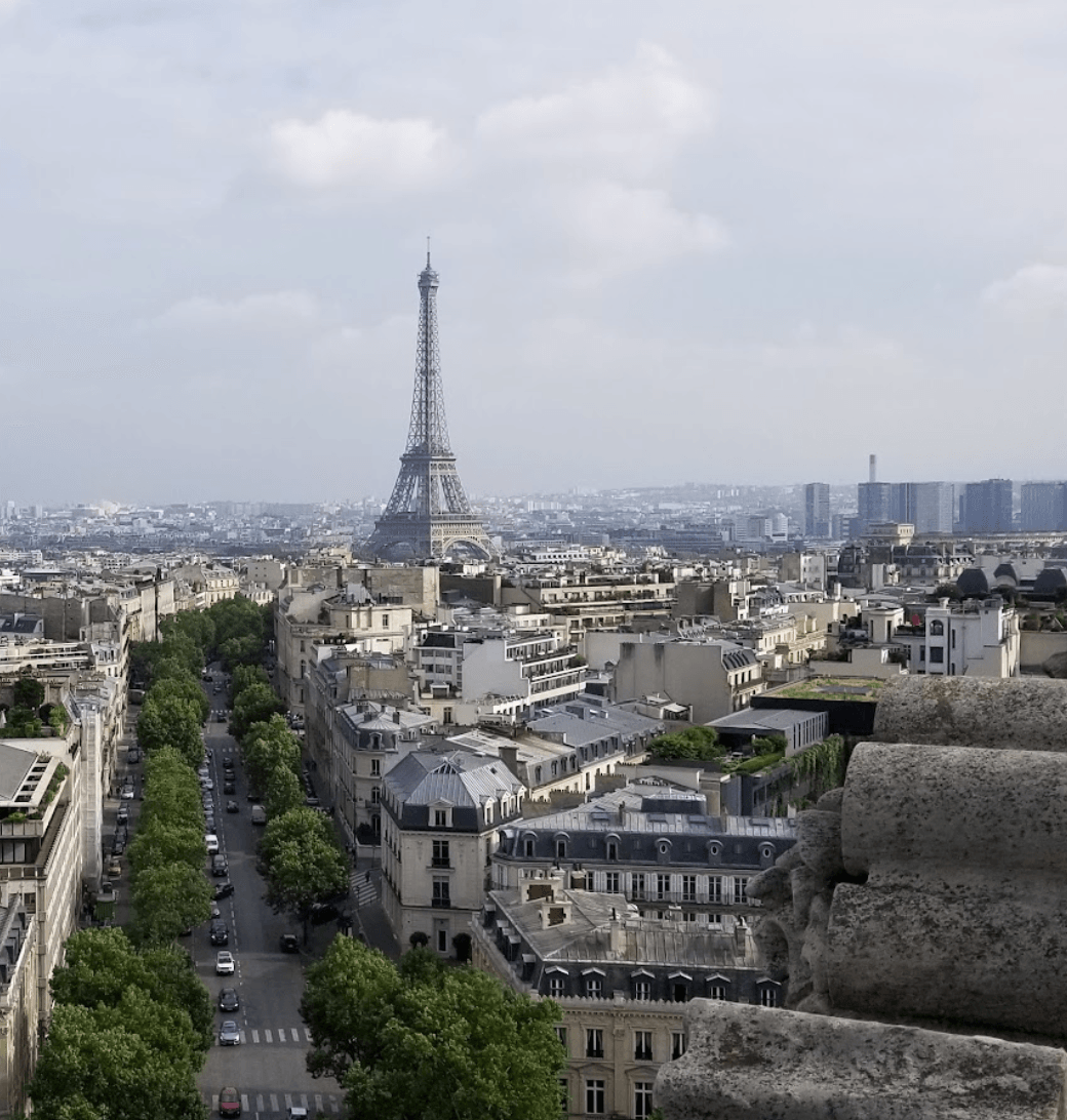 A view of the Eiffel Tower and city streets in Paris. 