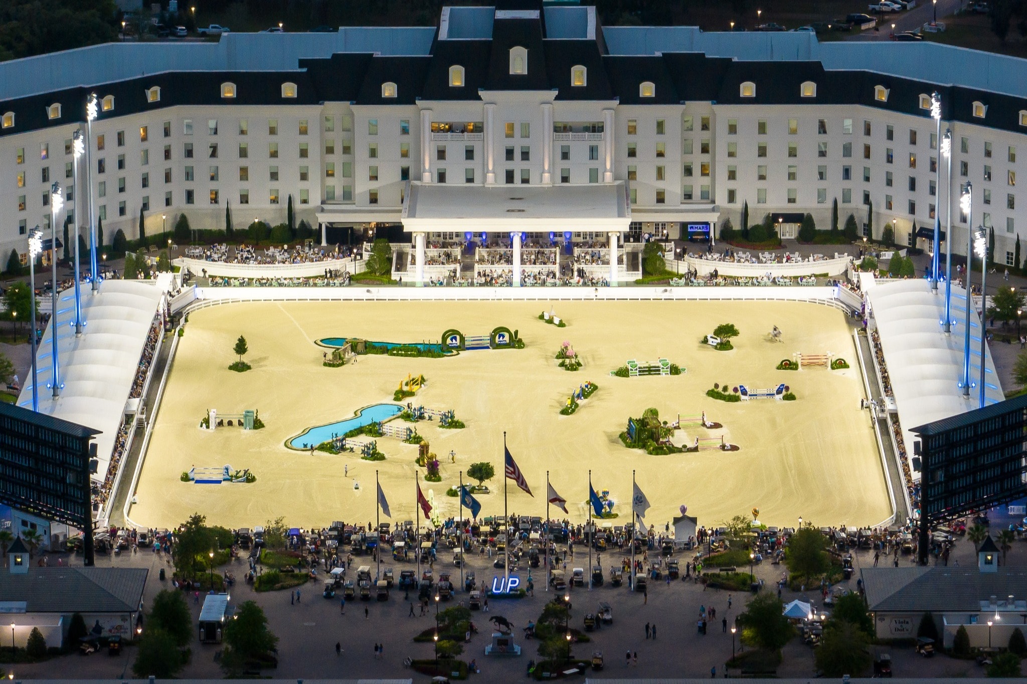 An aerial view of an equestrian performance arena