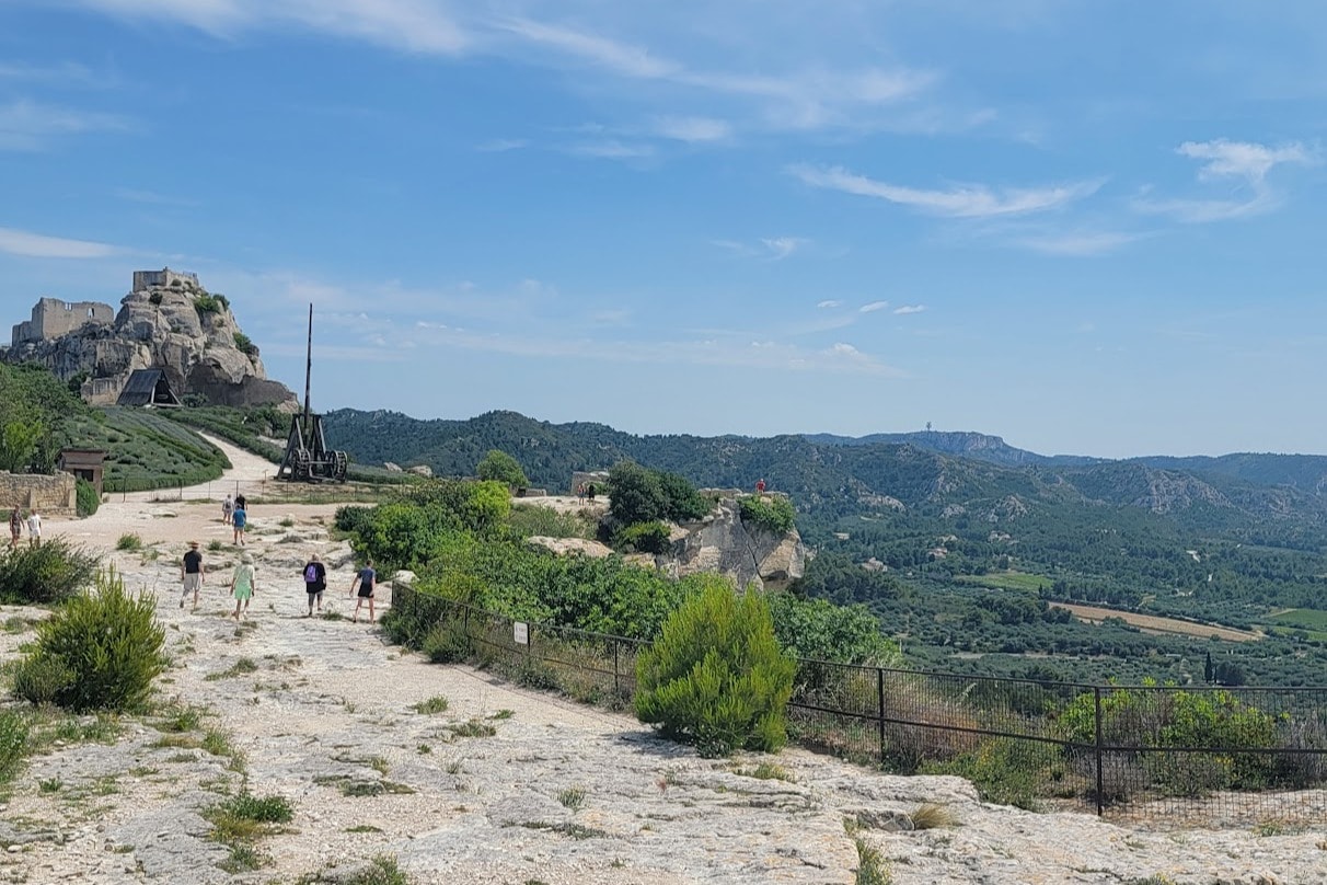 A picture of people climbing up the mountain surrounded by green plants.