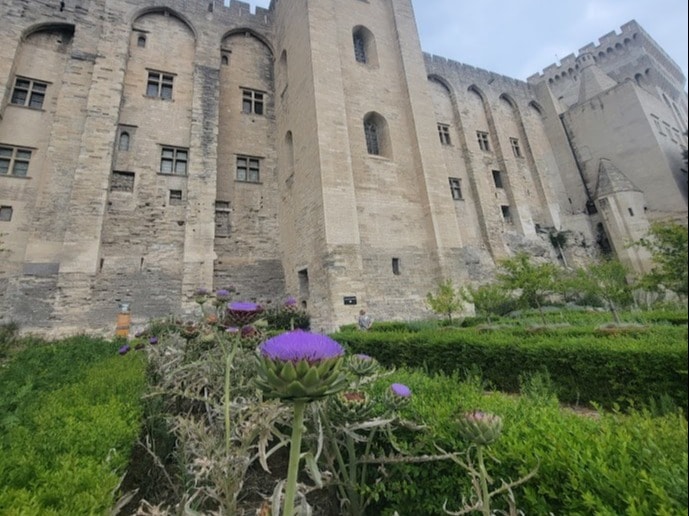 A picture of a garden outside an old building during the daytime