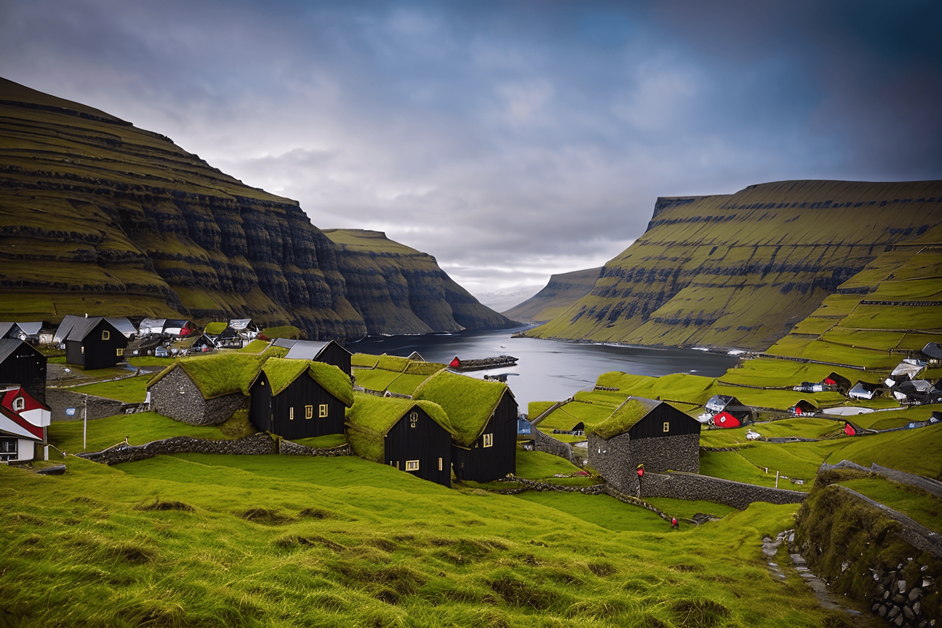 Houses with grass-covered roofs in front of a valley of water